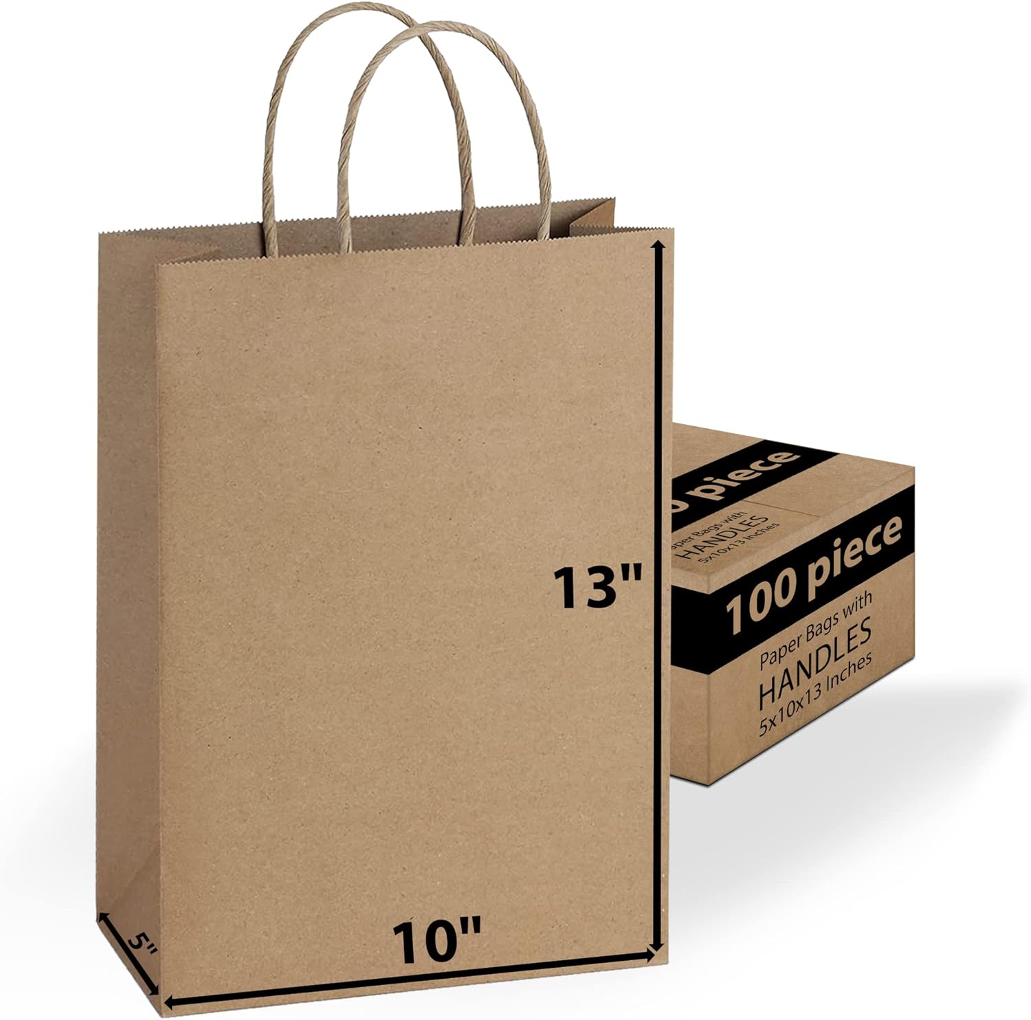 White Kraft Paper Gift Bags with Handles Bulk 200 Bags [ 2 box of 100] 10 X 5 X 13 Ideal for Shopping, Packaging, Retail, Party, Craft, Gifts, Wedding, Recycled, Business, Goody and Merchandise Bag