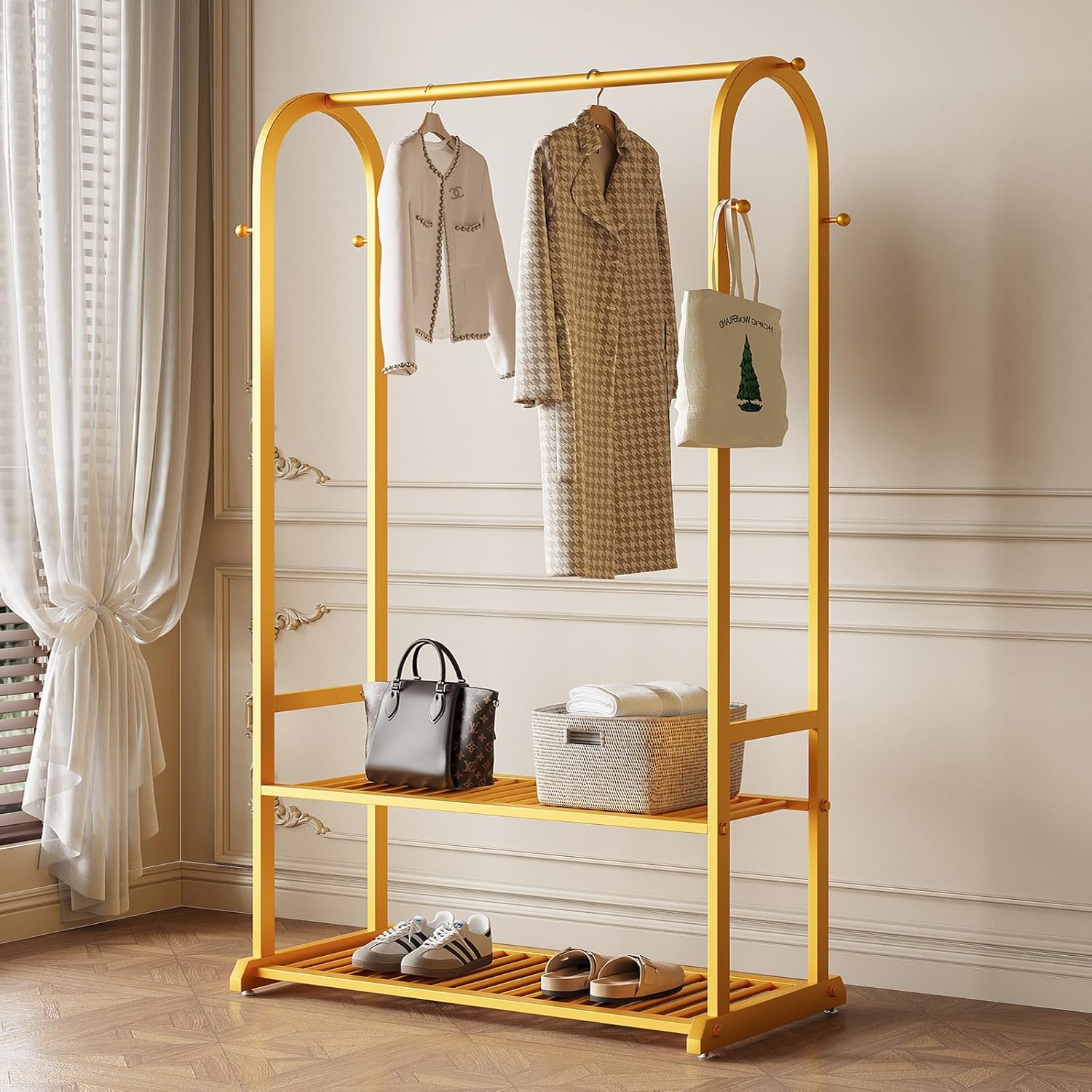 Gold Clothing Rack,Heavy duty clothes rack with 2-tier Bottom Shelves, Garment Rack with 6 Side Hooks for Hanging Clothes, Coats, Shirts (gold, 39.37in)