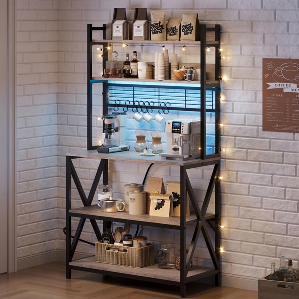 Yaheetech Kitchen Bakers Rack with Power Outlet & LED Lights, 5 Tiers Coffee Bar Table with 8 S Hooks, 64 Inches Tall Microwave Oven Stand with Storage for Spices, Pots, Rustic Brown