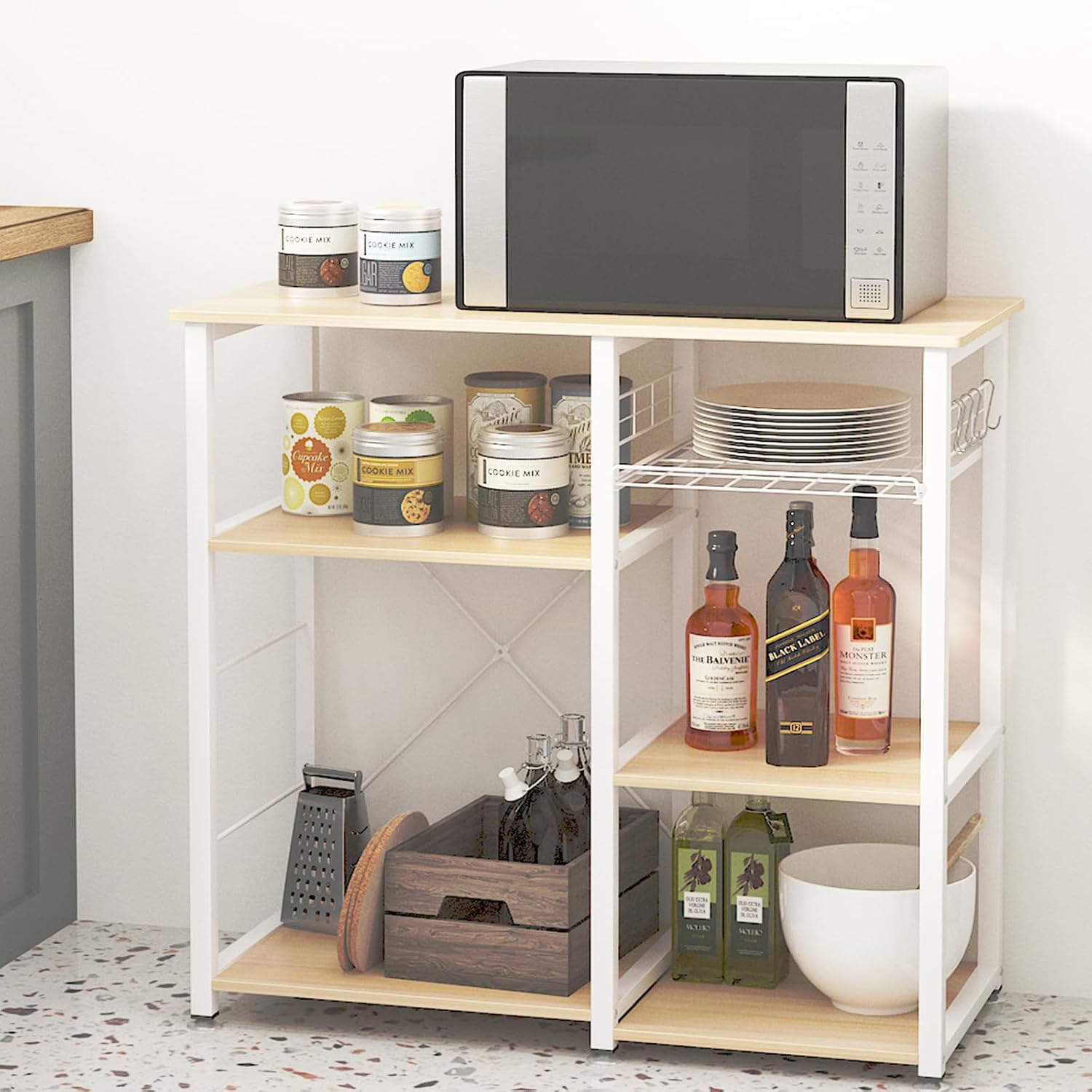 SogesGame 3-Tier Baker's Rack, Kitchen Utility Microwave Oven Stand Storage Shelf with Hooks Multifunctional Workstation for Kitchen, Living Room and Corridor,White