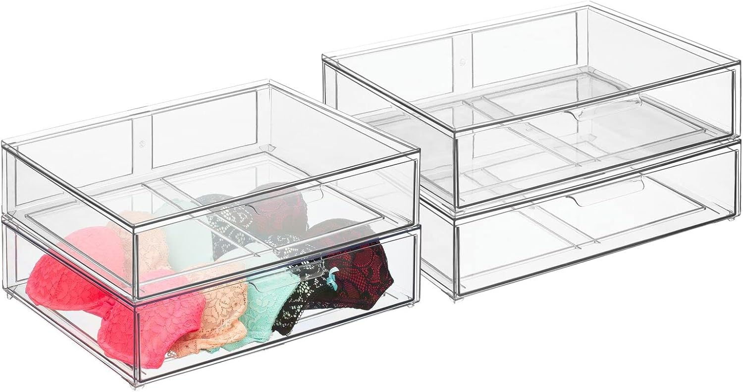 mDesign Wide Plastic Stackable Closet Storage Organizer Bins with Front Pull Out Drawer for Cabinet, Desk, Shelf, Cupboard, Vanity or Dresser Organization - Lumiere Collection - 4 Pack - Clear