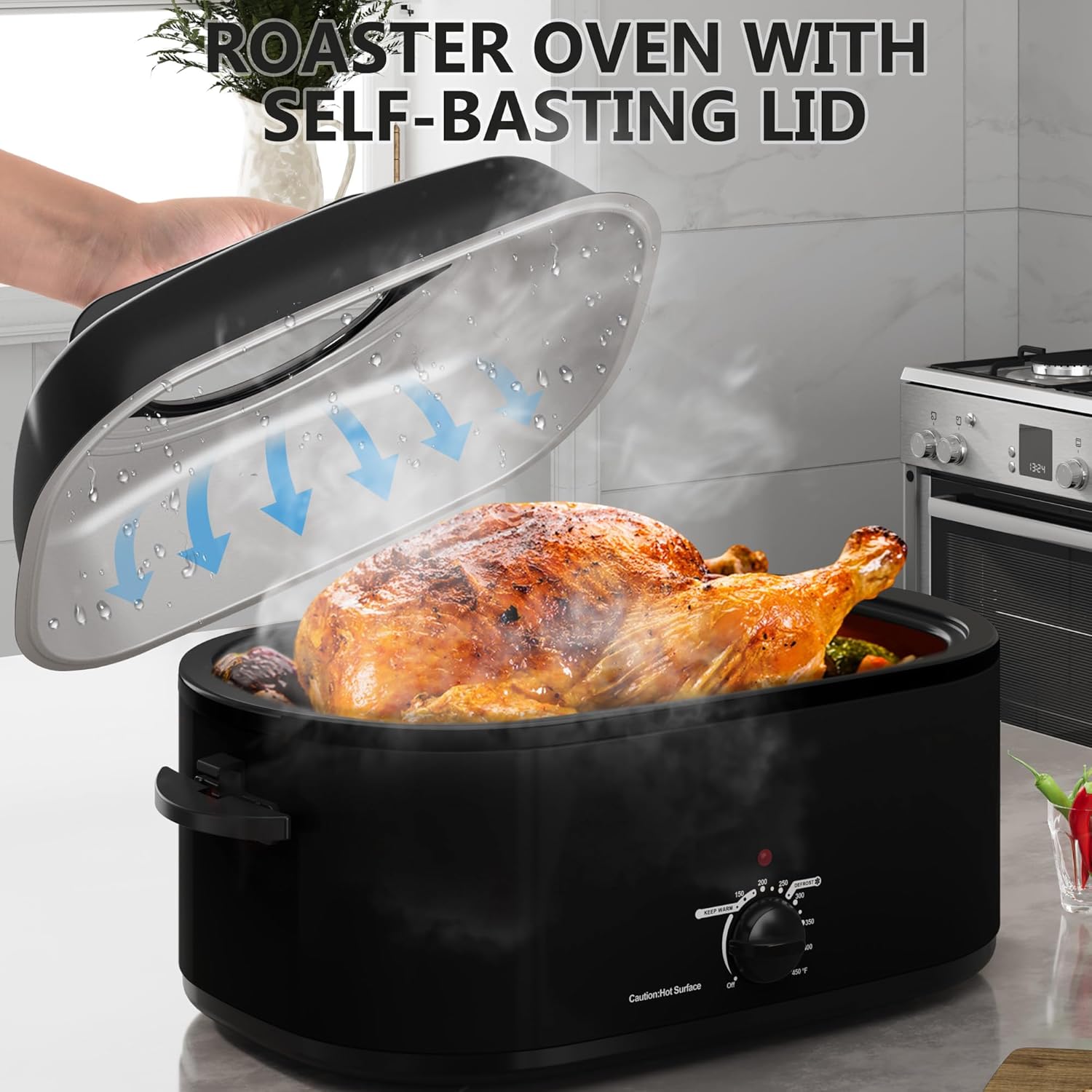 SUNVIVIPRO Roaster Oven 28 Quart, Electric Turkey Roaster with Self-Basting Lid, Removable Pan & Rack, Variable Temp Control, Stainless Steel, Black