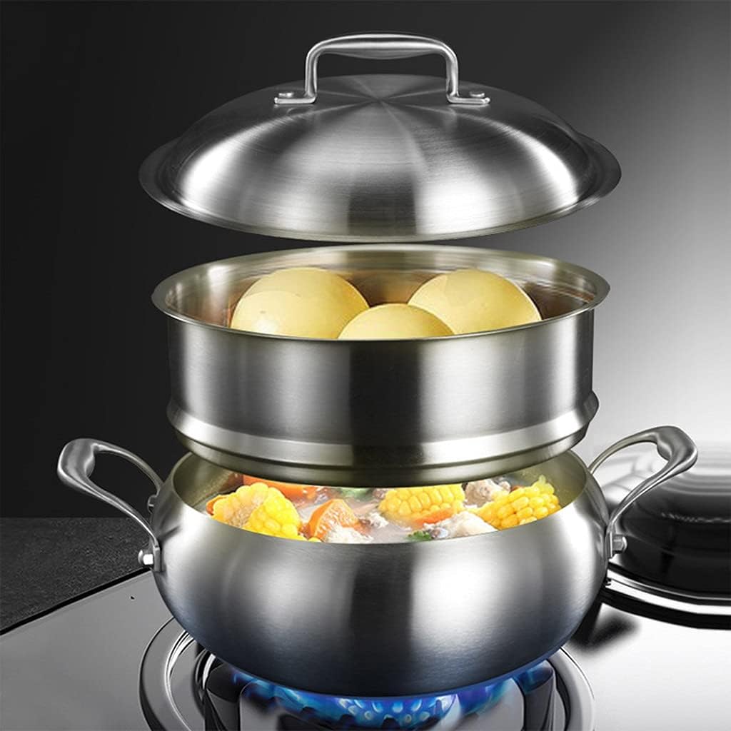 Stainless Steel Steamer Dual-purpose Thickened Two-layer Non-porous Uncoated Steamed Bun Soup Pot with Steamer(28cm.)