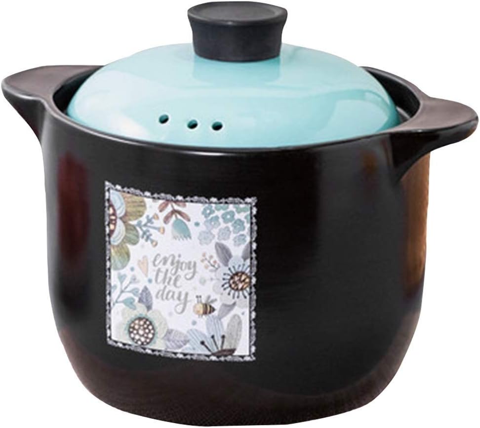 Casserole - Patterned ceramic round black casserole/clay pot earthen cookware with cover(Large)
