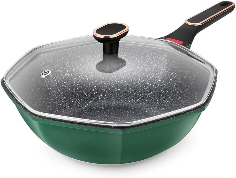 Non-stick Wok With Clear Pot Lid Green Octagon Induction Kitchen Cookware Home