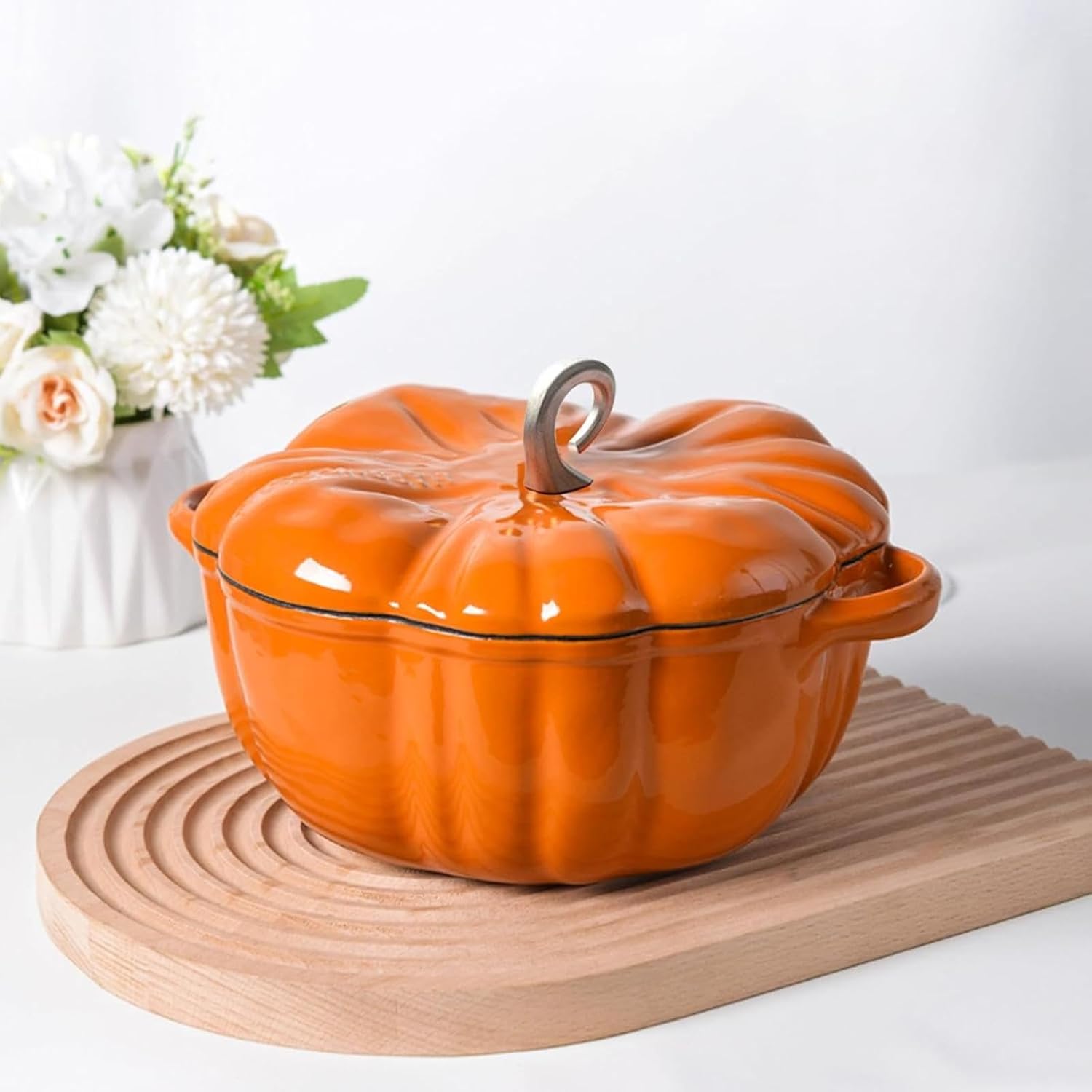 Pumpkin Dutch Oven with Lid, 4 Qt Enameled Cast Iron Pot - Non-Stick, Oven Safe, for Cooking, Soups & Stews, Serves 3-5, Halloween & Thanksgiving Decor Gift (Orange)