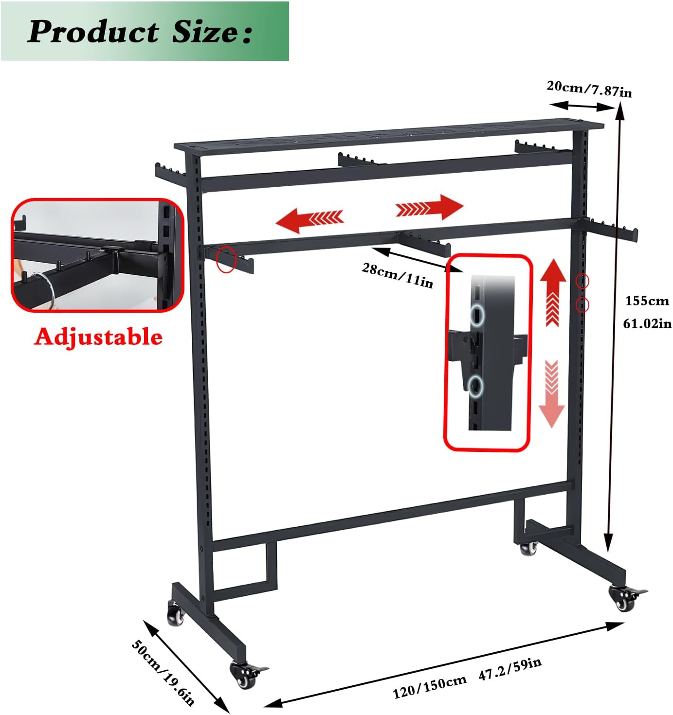 Clothing Rack with adjustable 8 Arms, Garment Rack Display Stand with Wheels and Shelf, Metal Clothes Hanger with Double Rod, Large Boutique Retail Stores Storage (Black, 59 * 19.6 * 61.02in)
