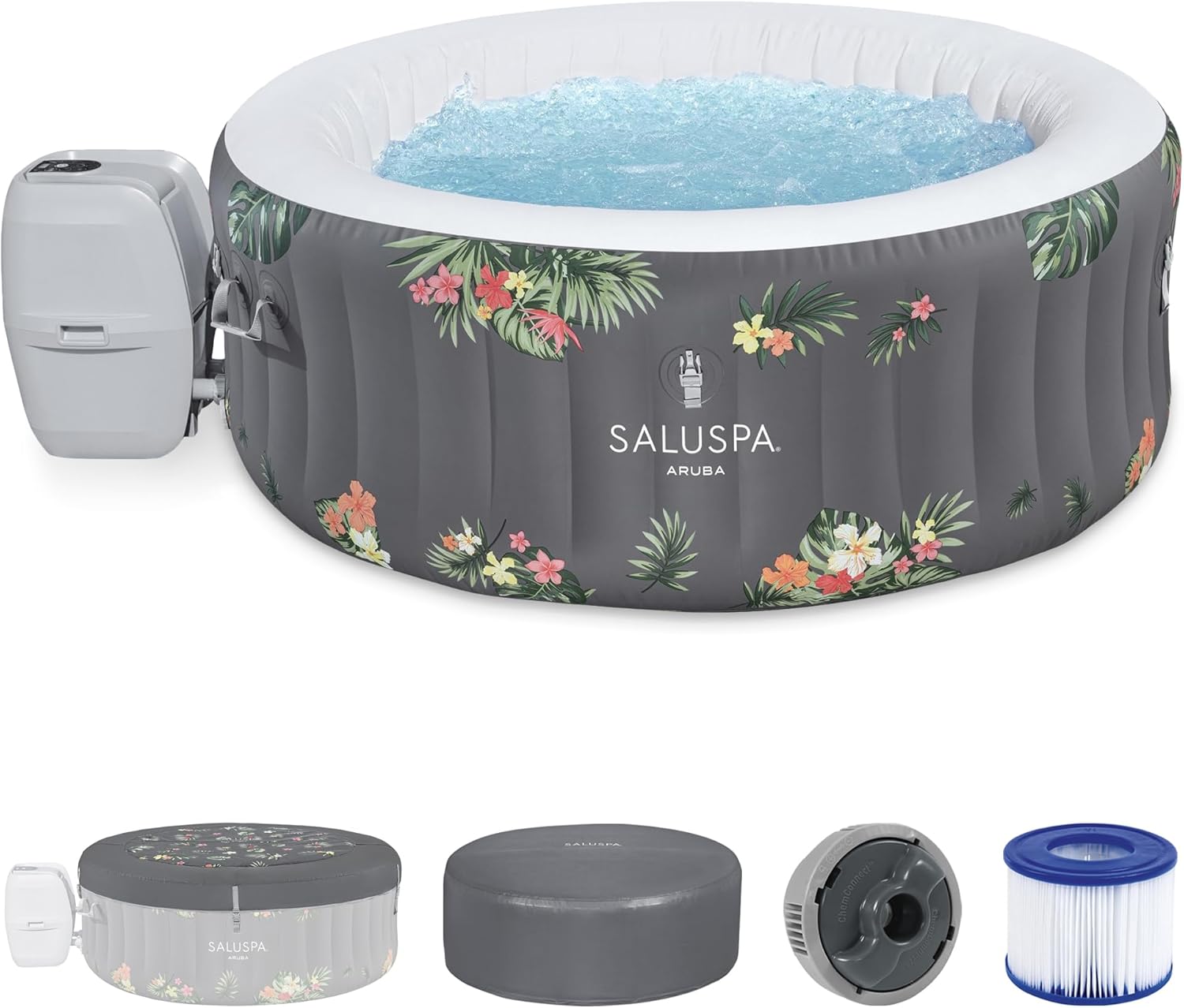 Bestway SaluSpa Aruba AirJet Large Round 2 to 3 Person Inflatable Hot Tub Portable Outdoor Spa with 110 AirJets and EnergySense Cover, Grey