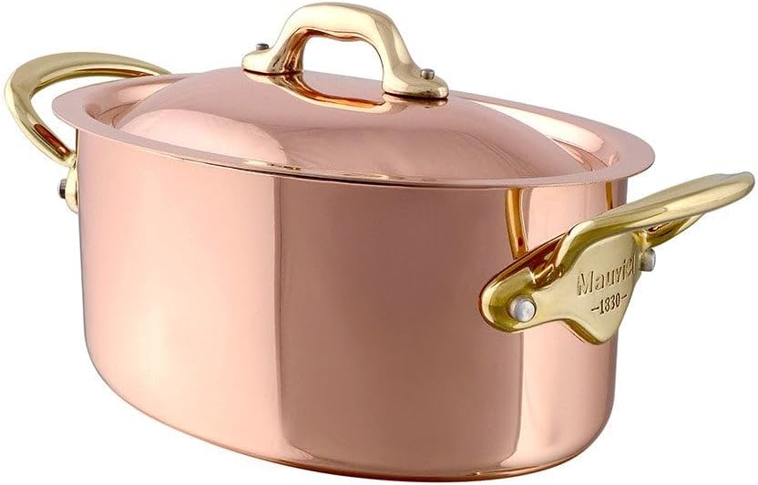 Mauviel M'Heritage 150 B Copper Oval Stewpan With Lid, Brass Handles, 2-Qt