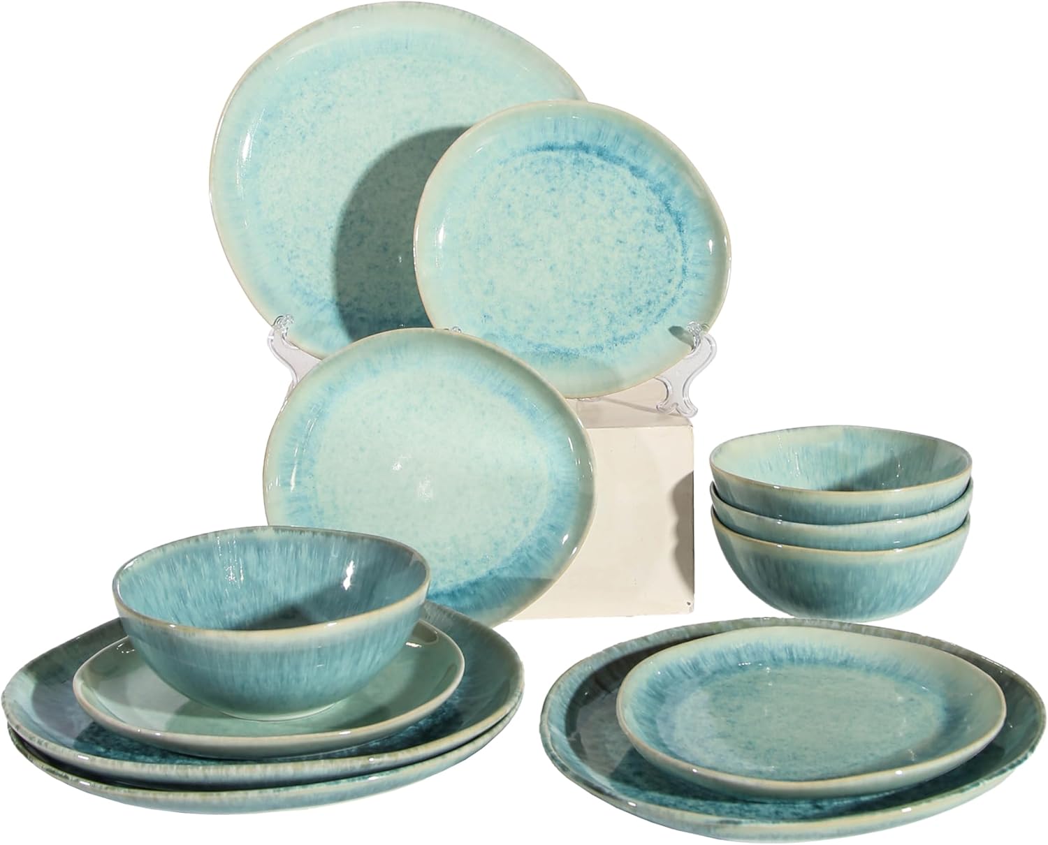 Decosignature Modern Plates And Bowls Sets | 12-Piece Ceramic Dinnerware Sets | Kitchen Plates and Bowls Set for 4, Microwave, Dishwasher & Oven Safe, Stackable, Durable Everyday Tableware (Aqua)