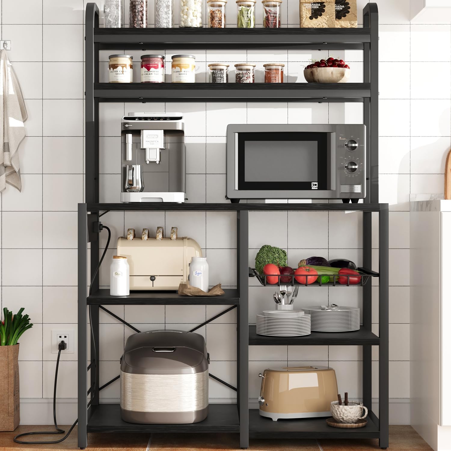 6-Tier Bakers Rack with Power Outlet, Large Microwave Stand Kitchen Utility Storage Shelf with Wire Basket, Freestanding Organizer for Kitchen, Dining, Living Room - Gray