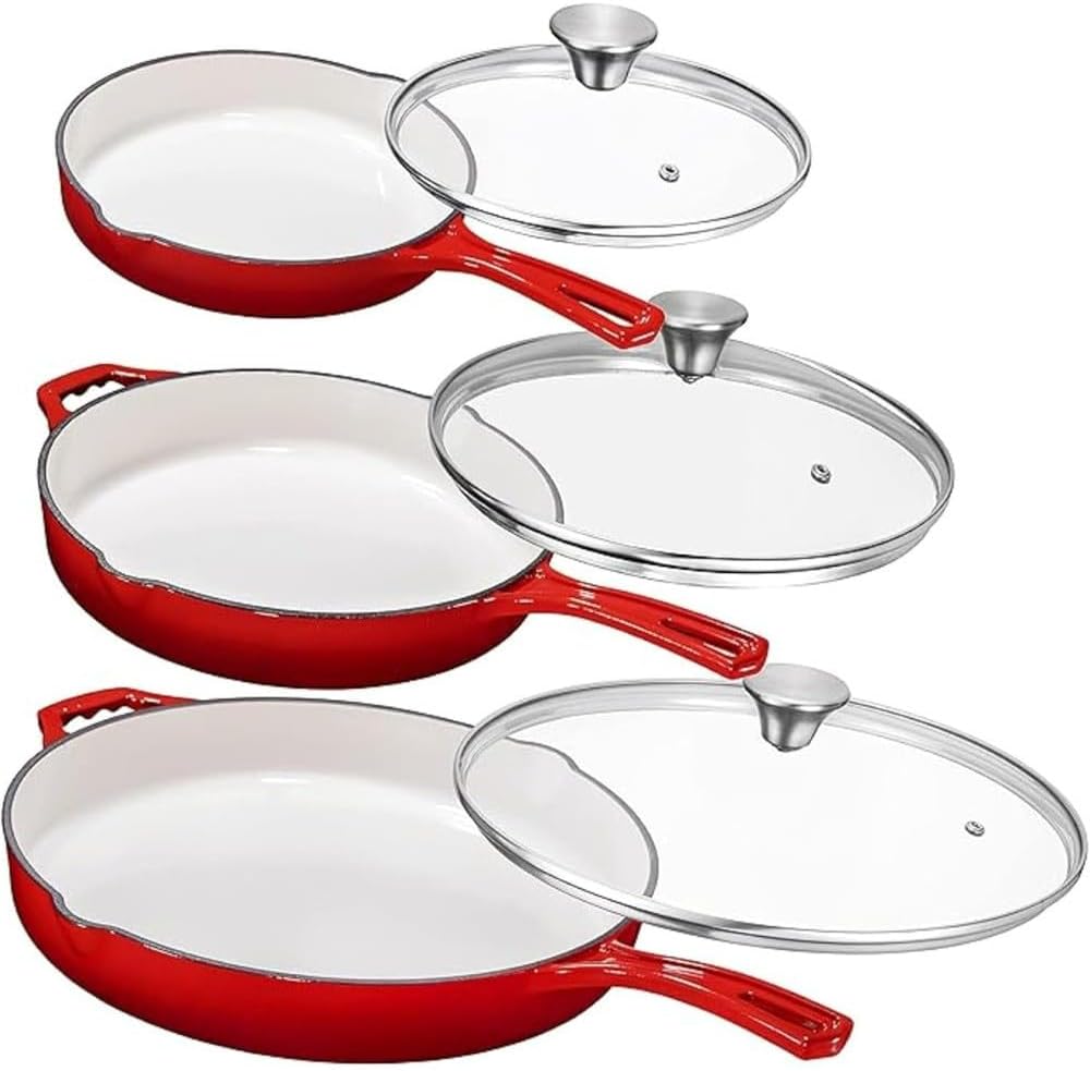 Enamel Cast Iron Grillset of 3 with Tempered Glass Lid Oven Safe Skillet Nonstick Cookware Set for Casserole Dish,Red,3 Pc