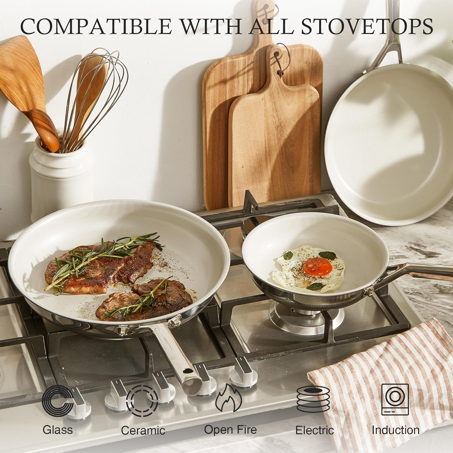 KITEXPERT Non Stick Frying Pans Set, Beige Titanium Ceramic Pan, Nonstick Skillet Stainless Steel, PFAS, PFOA & PTFE Free, Dishwasher & Oven Safe, All Cooktops Compatible, 3 Piece (8