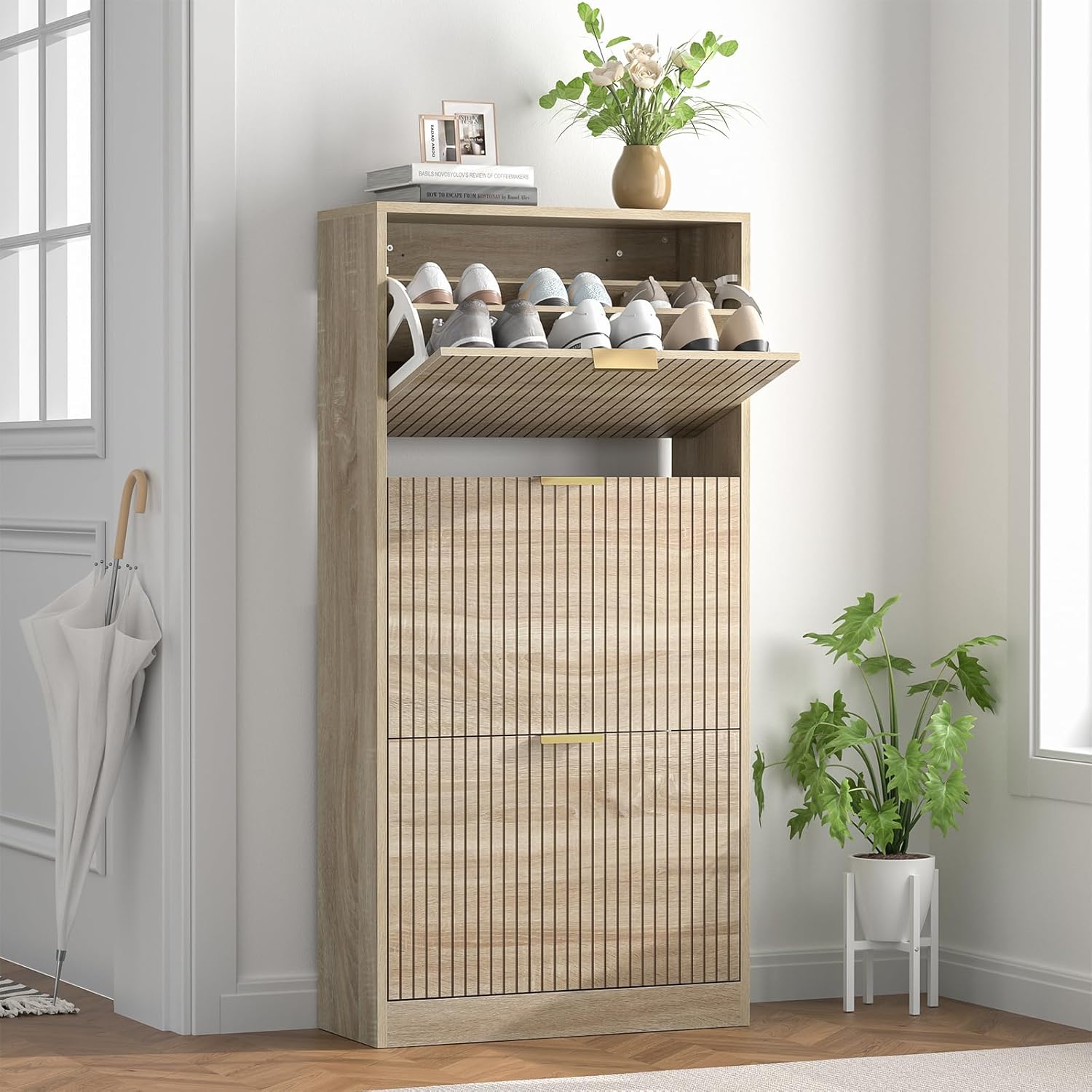 Shoe Cabinet with 3 Flip Drawers, Shoe Storage Cabinet, Adjustable and Removable Dividers, Hidden Slim Narrow Shoe Rack Cabinet for Entryway Holds 12-18 Pairs of Shoes