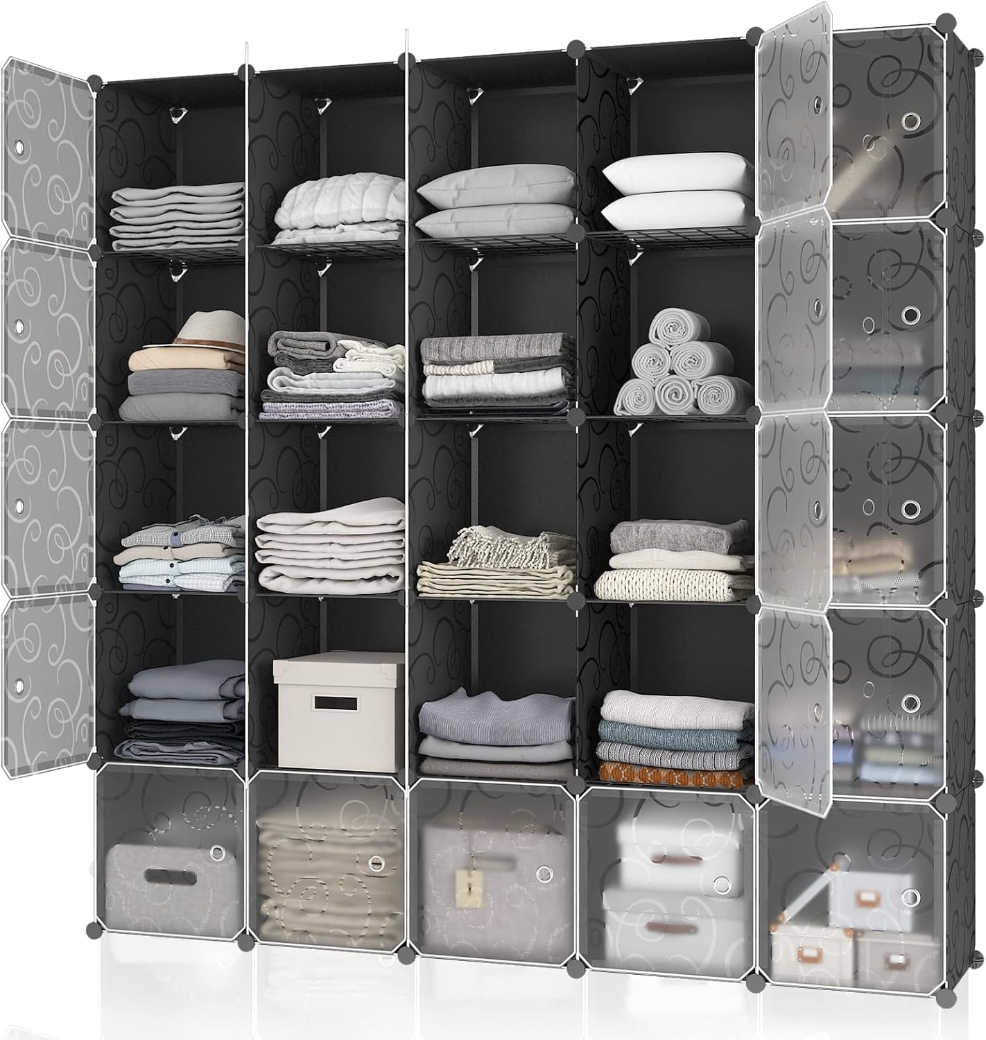 MAGINELS 25 Cube Storage Organizer,Portable Plastic Storage Cabinet,Closet.Stackable Cubby Shelf for Clothes,Toy,Bag. Suitable for Bedroom,Studyroom,Closet Organization,Black(14×14 inch)