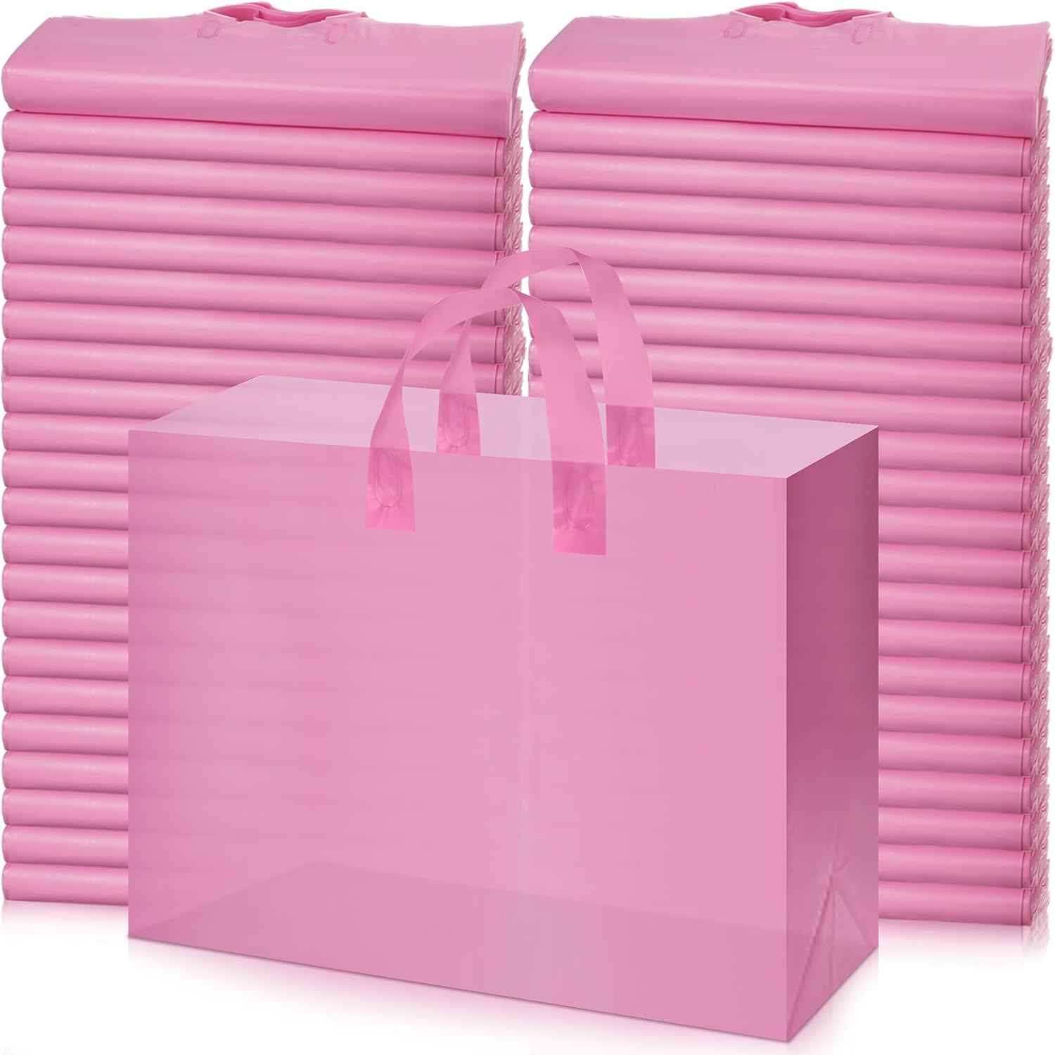 Patelai 200 Pack Frosted Plastic Bags Bulk for Small Business 16 x 12 x 6 Inch Clear Shopping Retail Bags with Handles and Cardboard Bottom for Gifts Store Grocery Goodies Party Favors(Coral Pink)