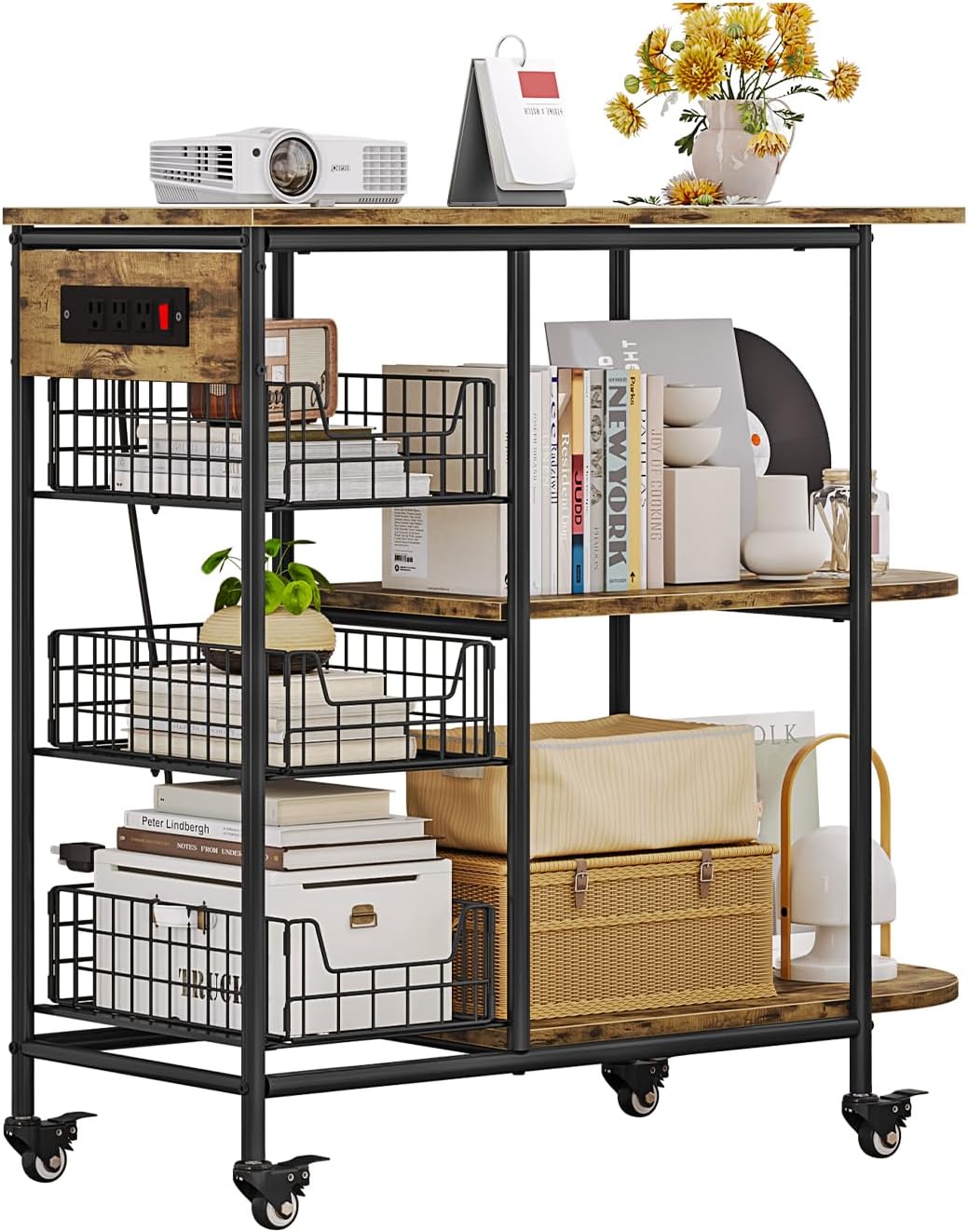 LINZINAR Kitchen Bakers Rack with Power Outlet Coffee Bar Table 3 Tiers Microwave Oven Stand with Wheels Pull-Out Wire Basket Kitchen Storage Shelf Rack for Spices Pots and Pans (Black, 3Tier)