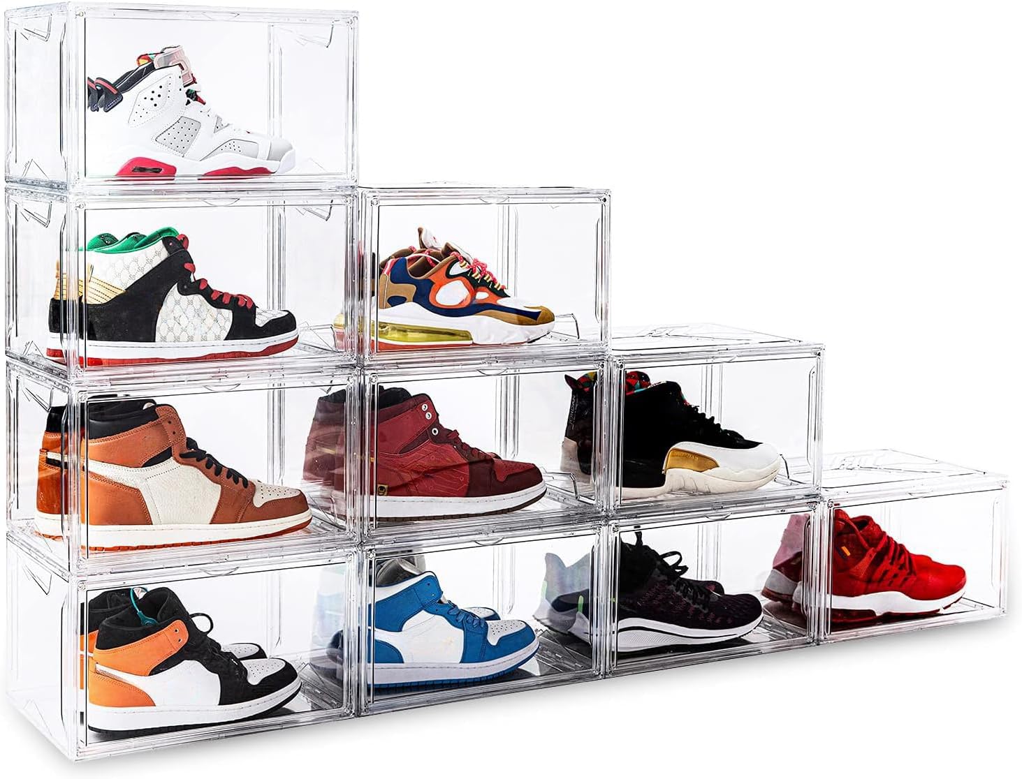 KDOR Shoe Box Clear Plastic Stackable for Sneakers,Closet,Hat. 10 Pack Sneaker Storage Boxes with Magnetic Door, Acrylic Display Case, Strong and Sturdy Fit Shoe Size Up to US 15