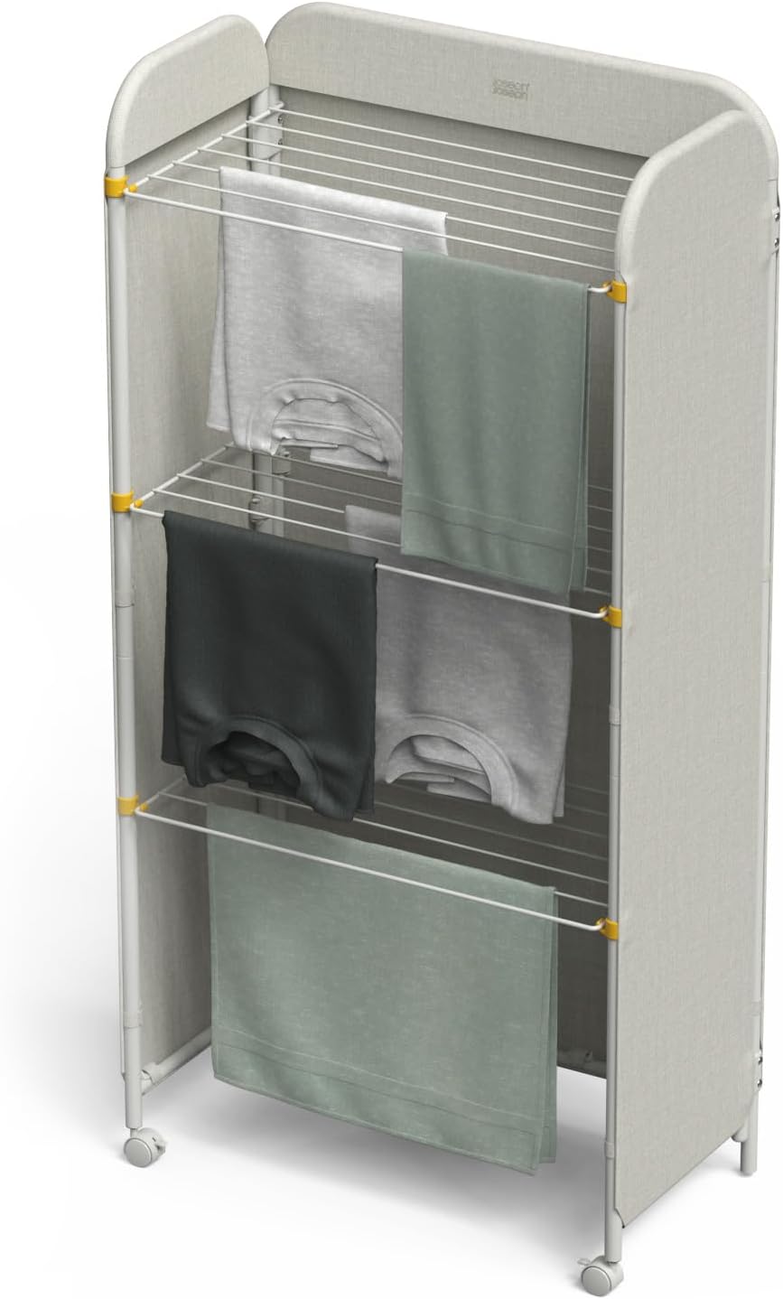 Joseph Joseph Eclipse 3-Tier Adjustable Laundry Drying Rack, Integrated Fabric Cover, Foldable with Wheels, Heavy Duty, Ecru