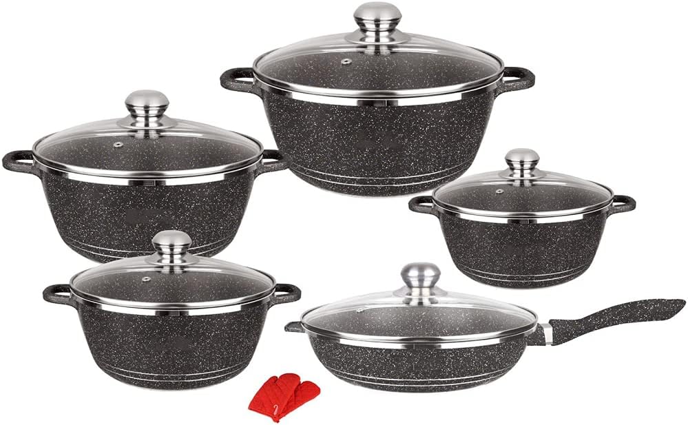 Pots and S Sets Nonstick Cookware Sets Granite Cooking Pots and S with Glass Lids Marble Coated Aluminium Home Kitchenware with Sauces Frying Stock,Black-Variety Pack