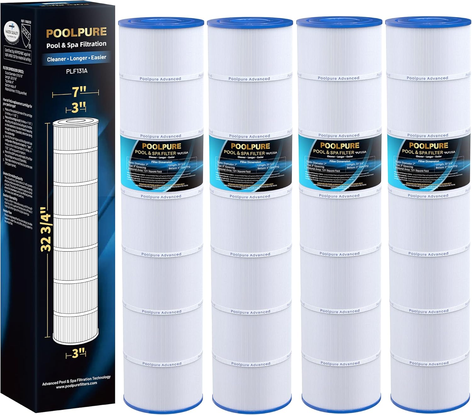 POOLPURE PLF131A Pool Filter Replaces Pleatco PA131-PAK4, Ultral-A2, Hayward CX1280XRE, SwimClear C5020, Unicel C-7494, Filbur FC-1227, FC-6435, C5025, C5030, 4 X 131 sq. ft. Filter Cartridge 4 Pack