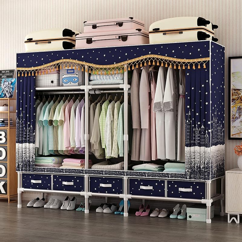 Heavy Duty Portable Wardrobe Closet with Drawers Steel Frame 25MM Steel Pipes Portable Clothes Storage Organizer Multi-Tier Shelves Dustproof Fabric Cover Hanging Rack Storage Organizer (7.88ft, Blue)