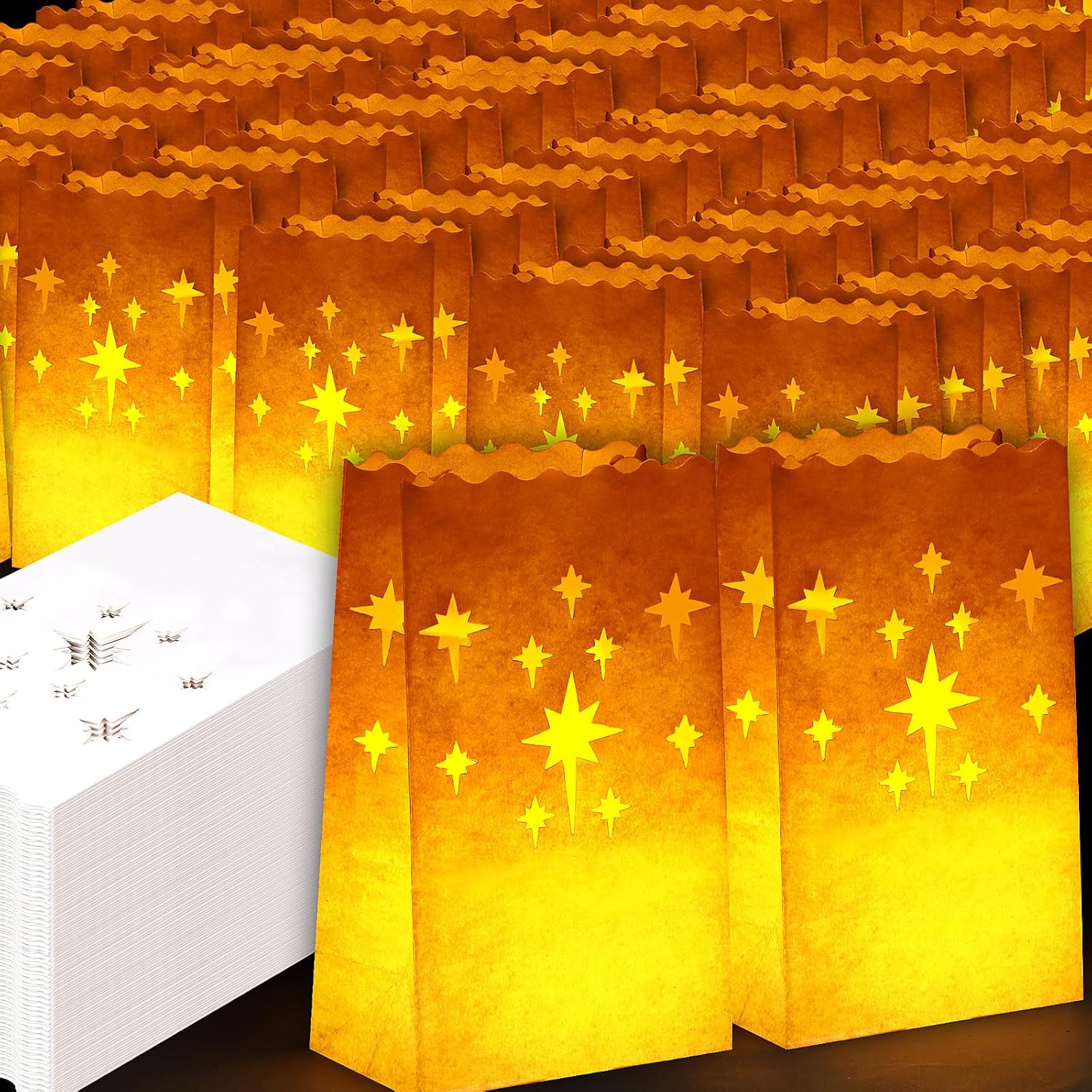 Harloon 300 Pcs Ramadan White Luminaries Bags Bulk Christmas Ramadan Light Decor Flame Resistant Candle Paper Bags 10.24 x 5.91 x 3.54 Luminary Bags for Wedding Party Decoration(Polygonal Star)