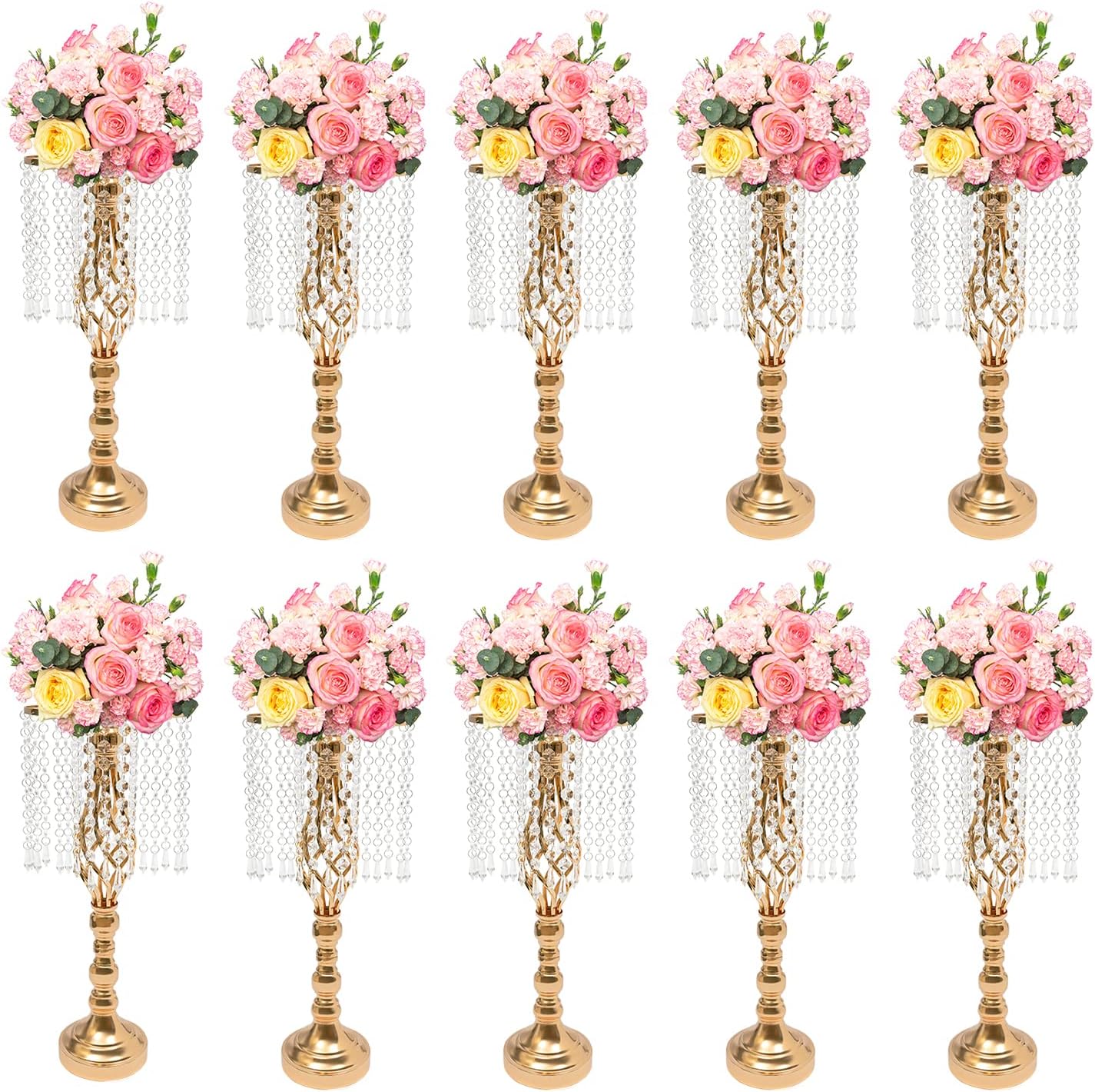 10 Pcs Crystal Flower Stands,Flower Holders,19.3 inches Tall Flower Vase with Chandelier for Wedding Party,Reception Dinner Event,Tabletop Decorations (6 Pcs Gold, 21.7 in)