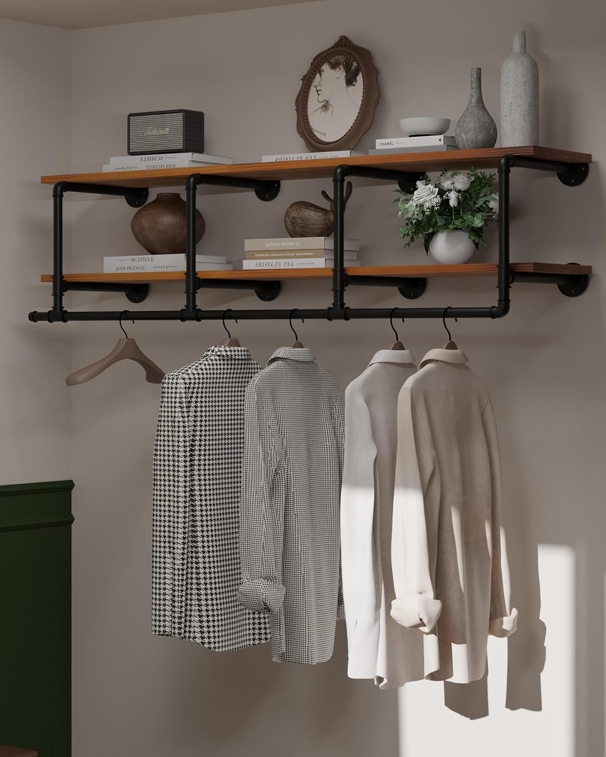 Wall Mounted Clothes Rack 12 Inch Deep, 60 Inch Heavy Duty Garment Rack with Real Brown Wood Shelf, Multi-Purpose Hanging Rod & Space-Saving Closet Storage Organizer