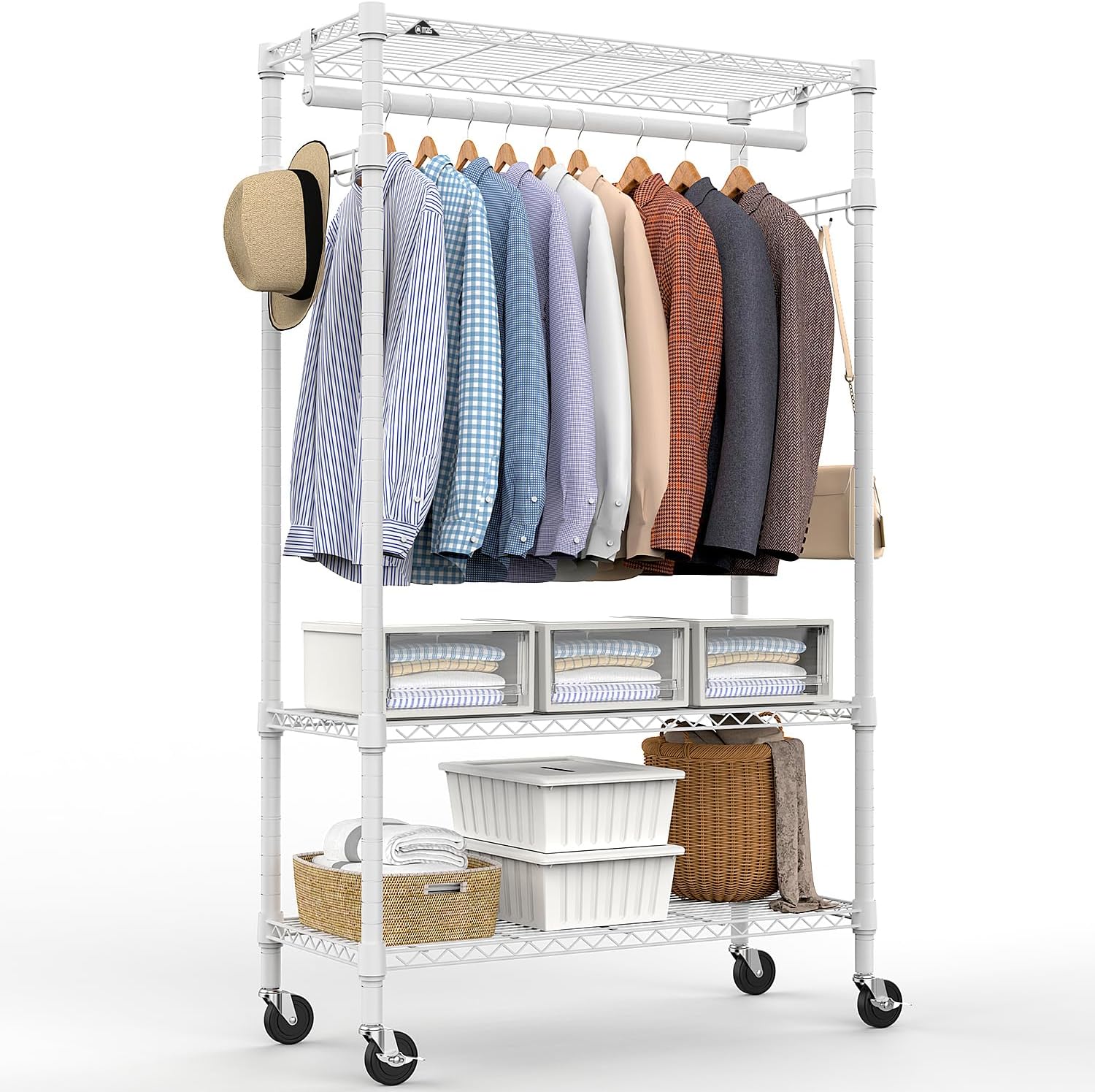 Heavy Duty Rolling Garment Rack 3 Tiers Adjustable Wire Shelving Clothes Rack with Rods and Side Hooks,Storage Closet Clothing Rack with Wheels White 15.7