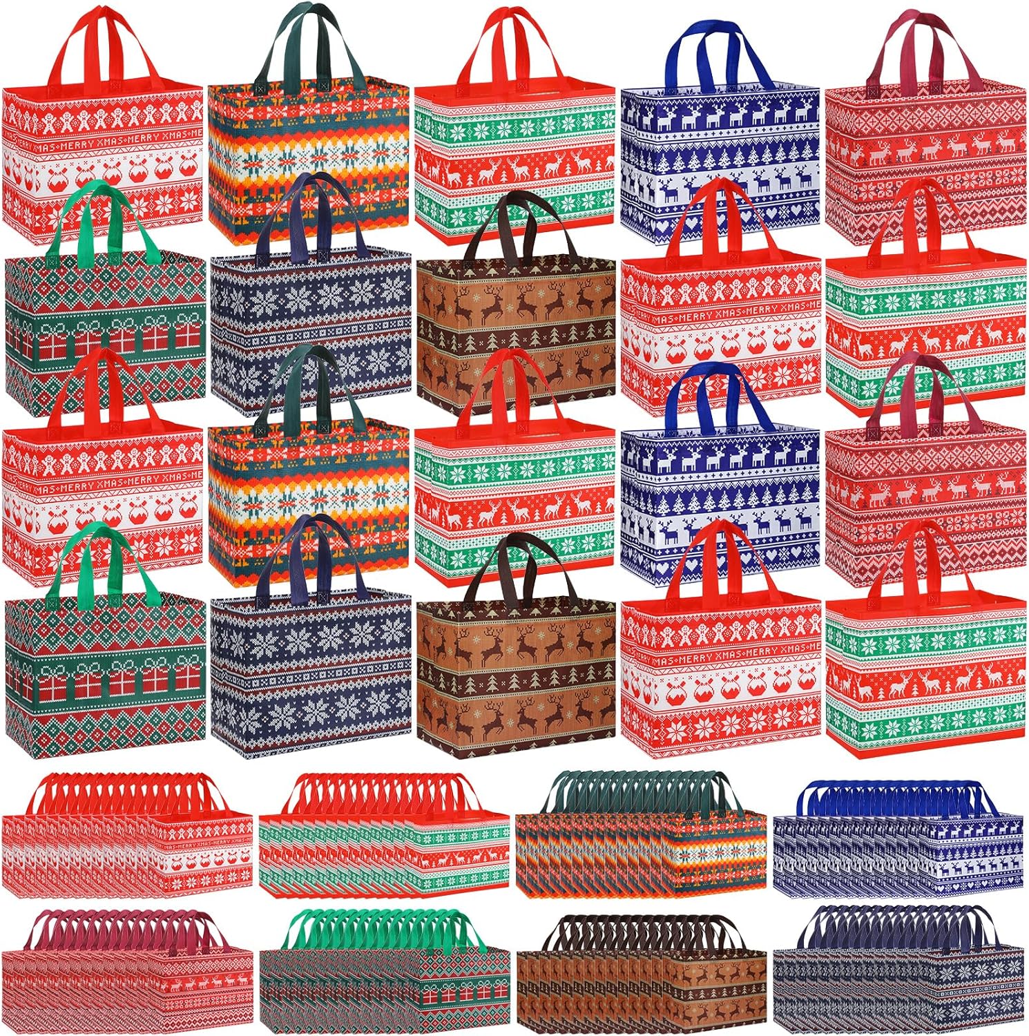 Chapou 200 Pcs Large Christmas Tote Bags with Handles Christmas Gift Bag Xmas Reusable Totes for Xmas New Year(Ugly Sweater)