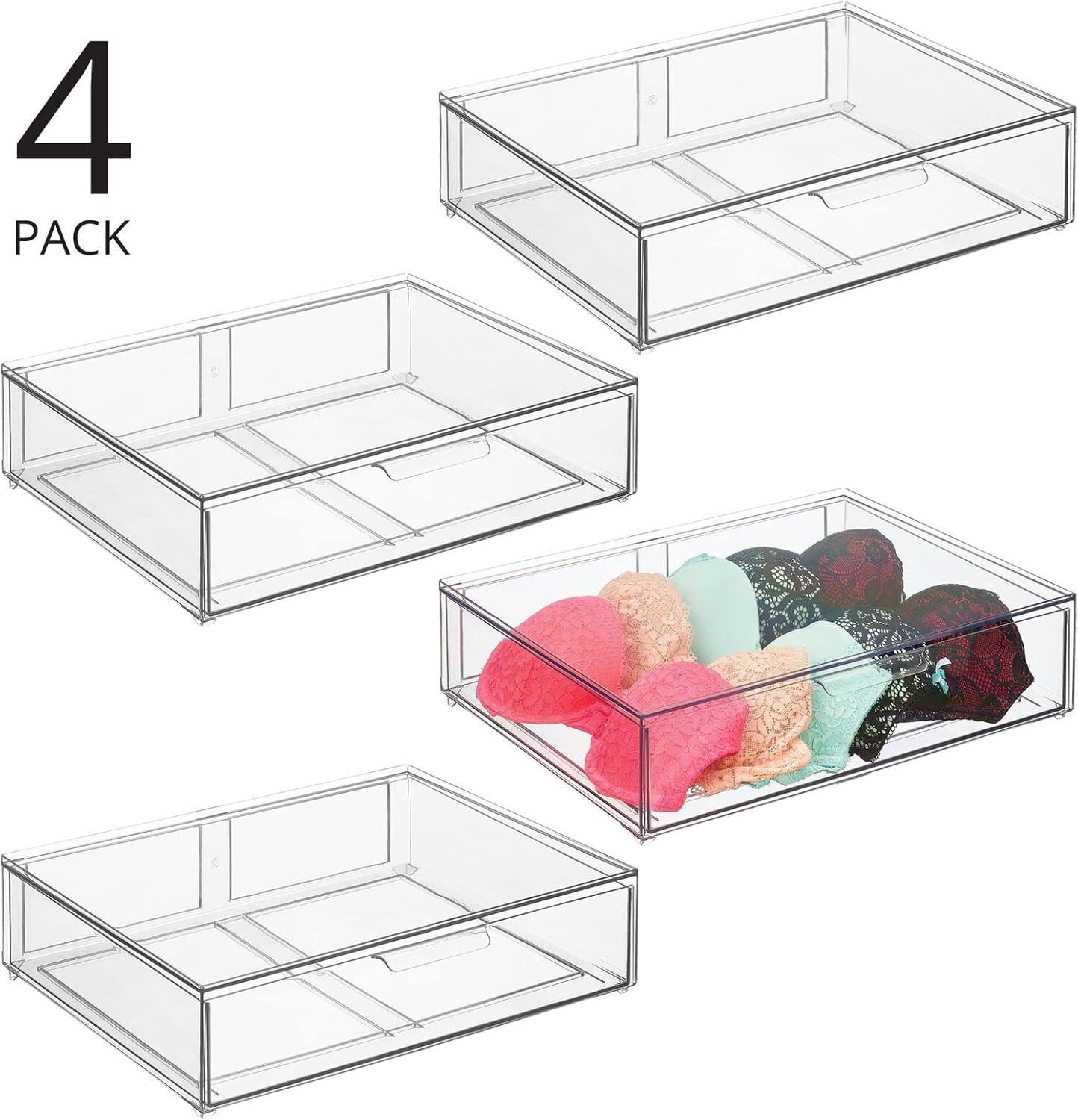 mDesign Wide Plastic Stackable Closet Storage Organizer Bins with Front Pull Out Drawer for Cabinet, Desk, Shelf, Cupboard, Vanity or Dresser Organization - Lumiere Collection - 4 Pack - Clear