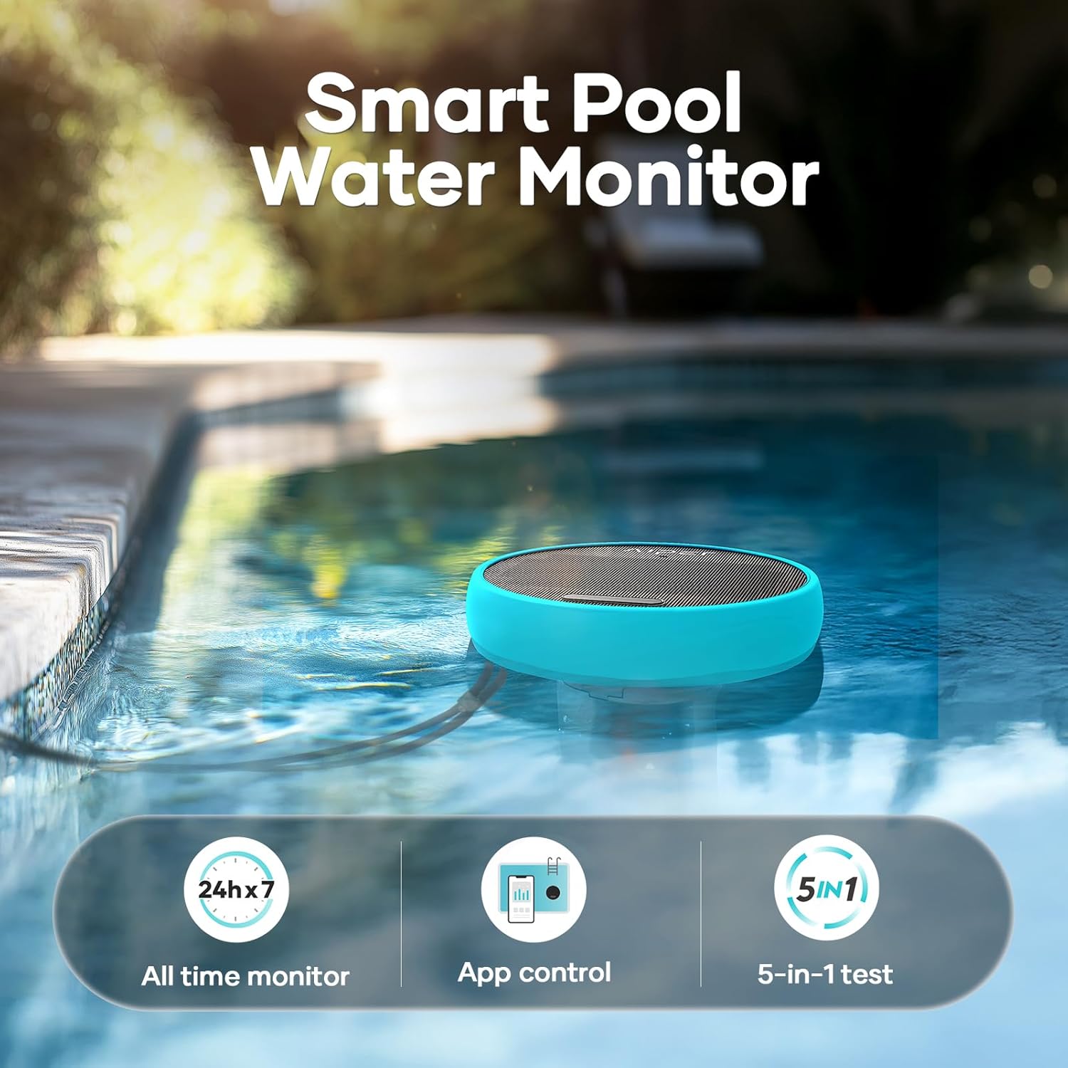AIPER HydroComm Smart Pool Monitor, 24/7 Digital Water Testing for Pools, Hot Tubs & Spas, 5-in-1 Accurate Testing, App Control, Customized Optimization Tips, Blue