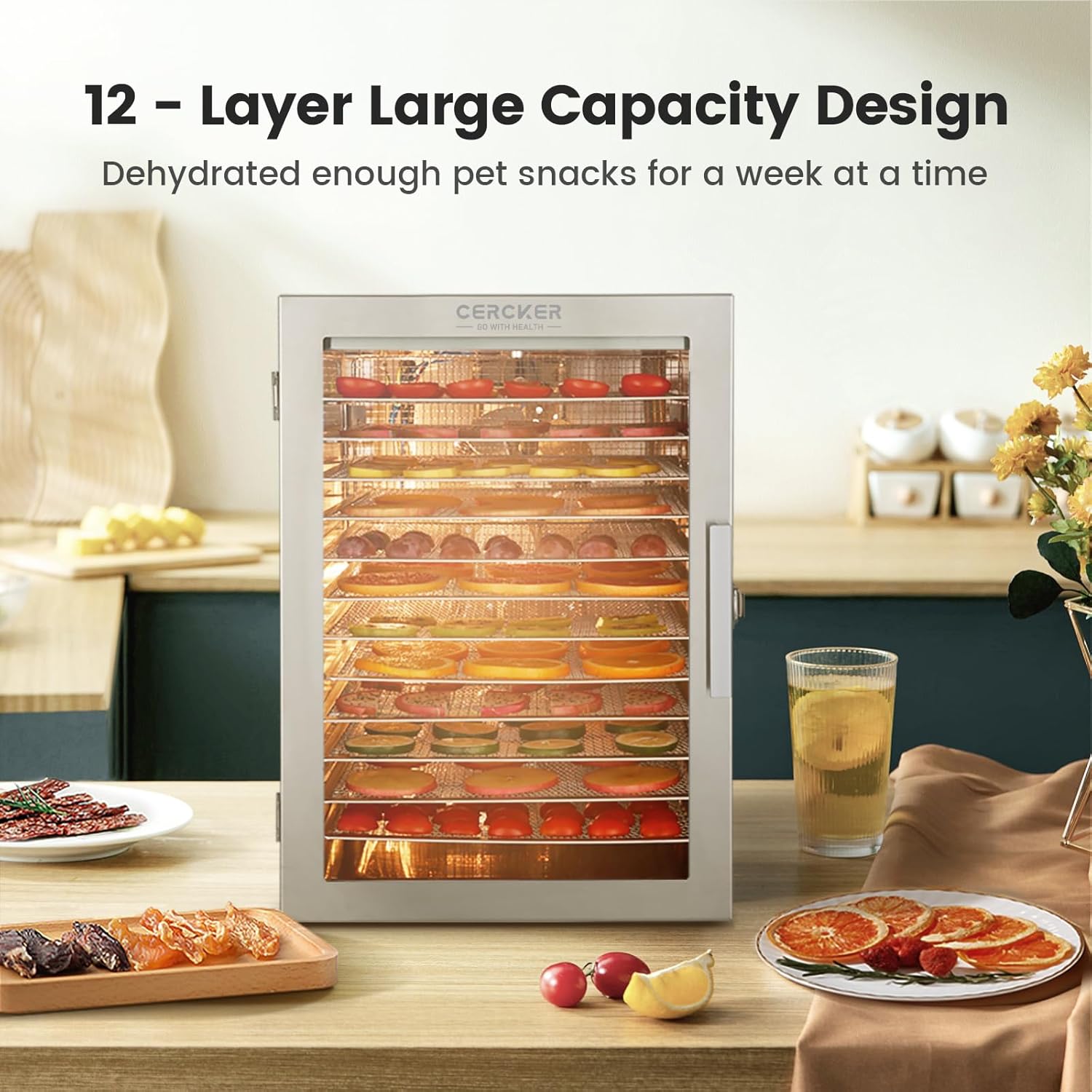 Food-Dehydrator Machine 12 Stainless Steel Trays, 10.9ft² Meat Dehydrator for Jerky, 800W Dryer for Herbs, 190ºF Temperature Control,24H Timer,Powerful Drying Capacity for Fruits,Yogurt