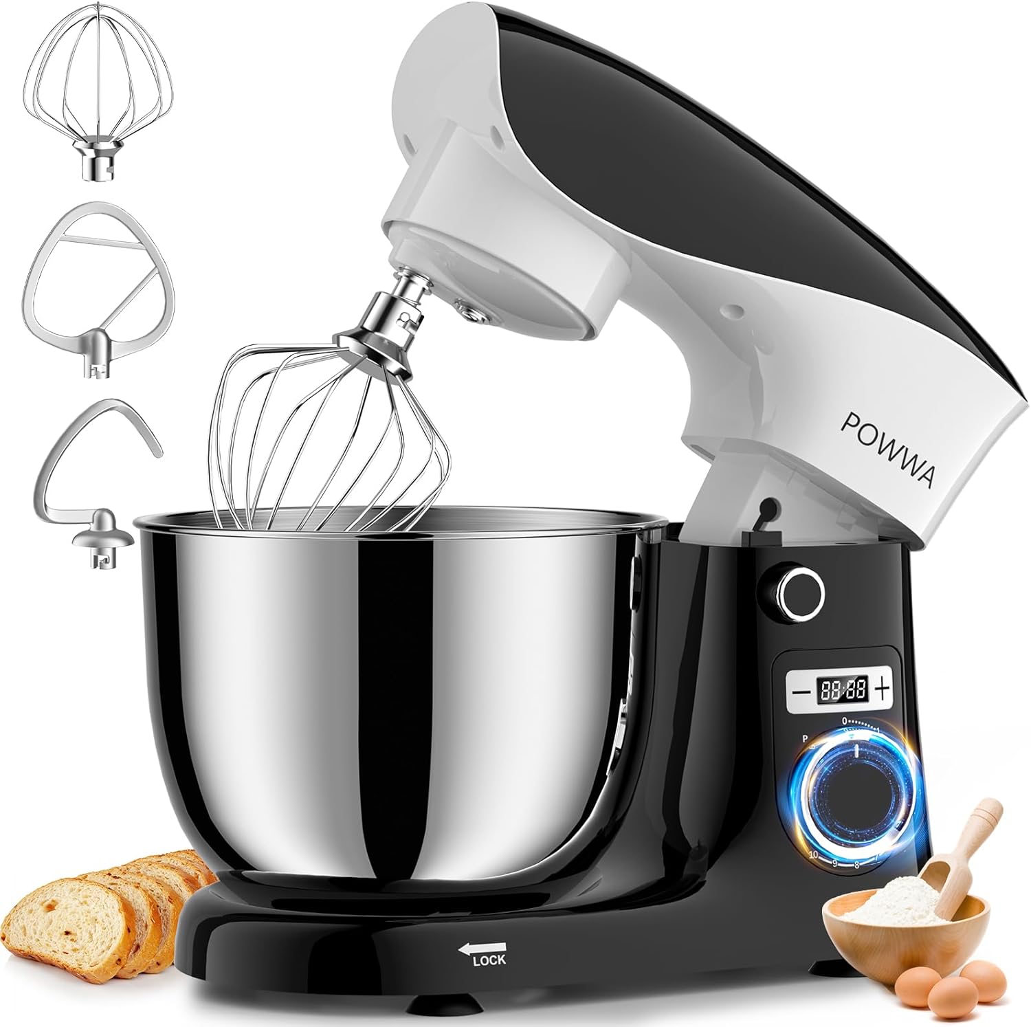 Stand Mixer, POWWA 6.5 QT 10 Speeds Tilt-Head Electric Stand Mixer, 3-In-1 Kitchen Mixer with Bowl, Dough Hook, Whisk and Beater, Food Mixer for Baking and Daily Use (White Blue)