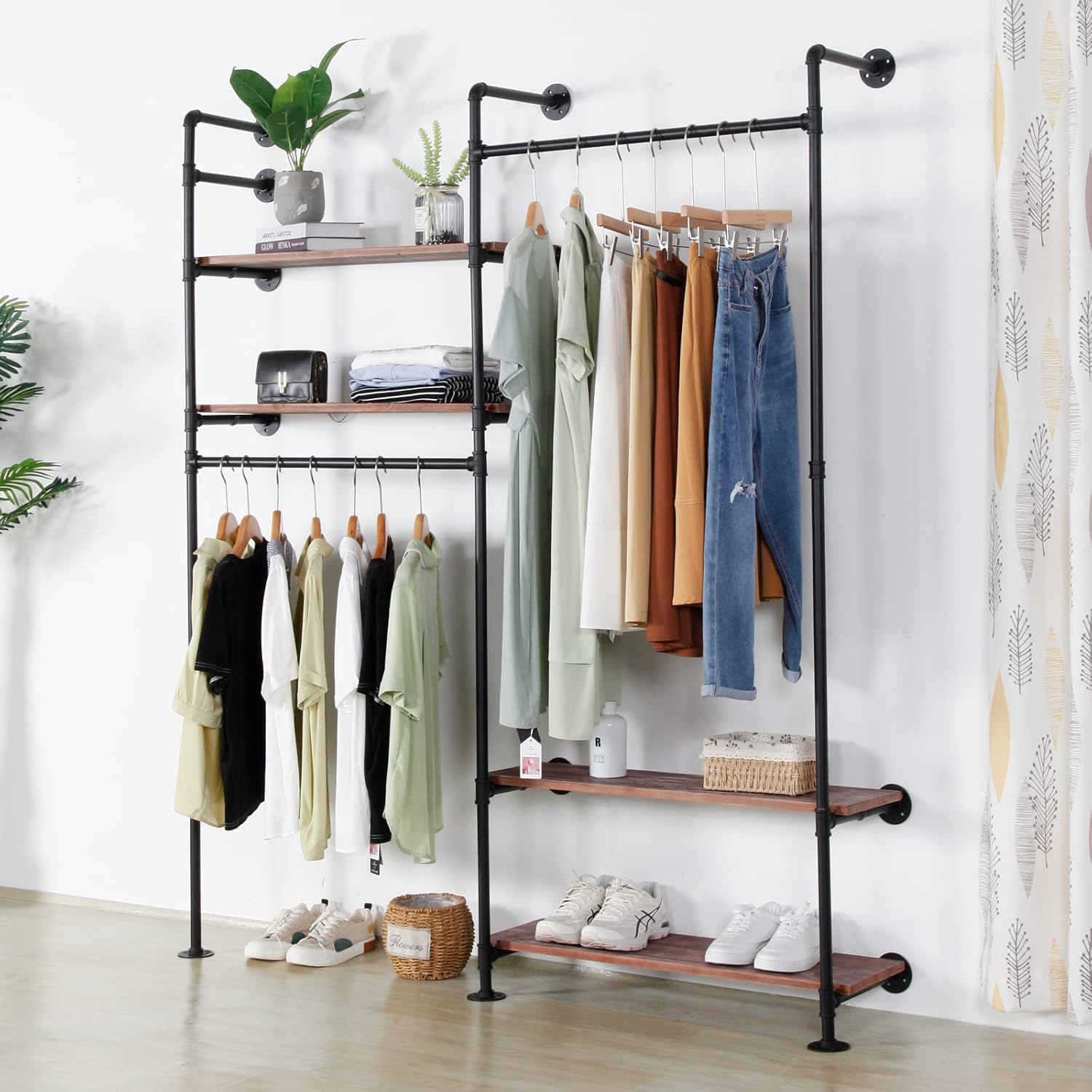 Industrial Pipe Double Hanging Rods Clothing Rack with 4 Tier Shelves, Heavy Duty Garment Racks Display Racks On Wall for Hanging Clothes Retail Display, Black