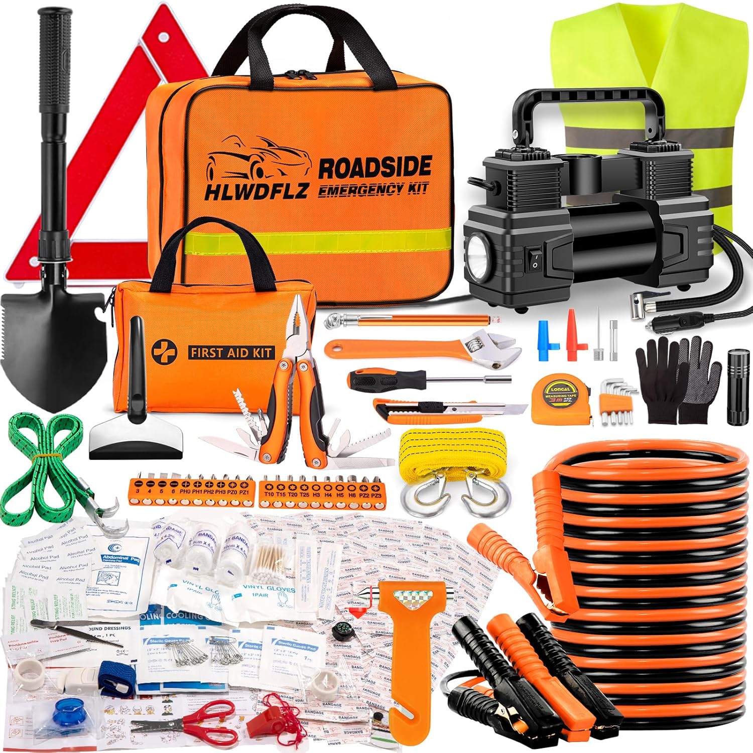 Car Emergency Kit with Portable Air Compressor - Roadside Assistance Emergency Kit with Jumper Cables, First Aid Kit, Auto Tool Set, Winter Safety Kit for Women, Men, Teen (Orange)