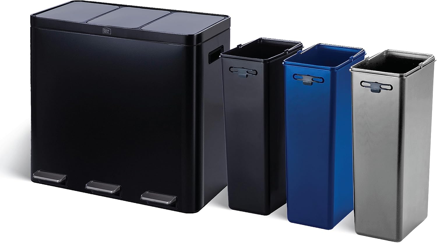 Home Zone Living 16 Gallon Large Kitchen Trash Can with Three Compartments for Recycling, Stainless Steel, Silver, 60 Liters Total