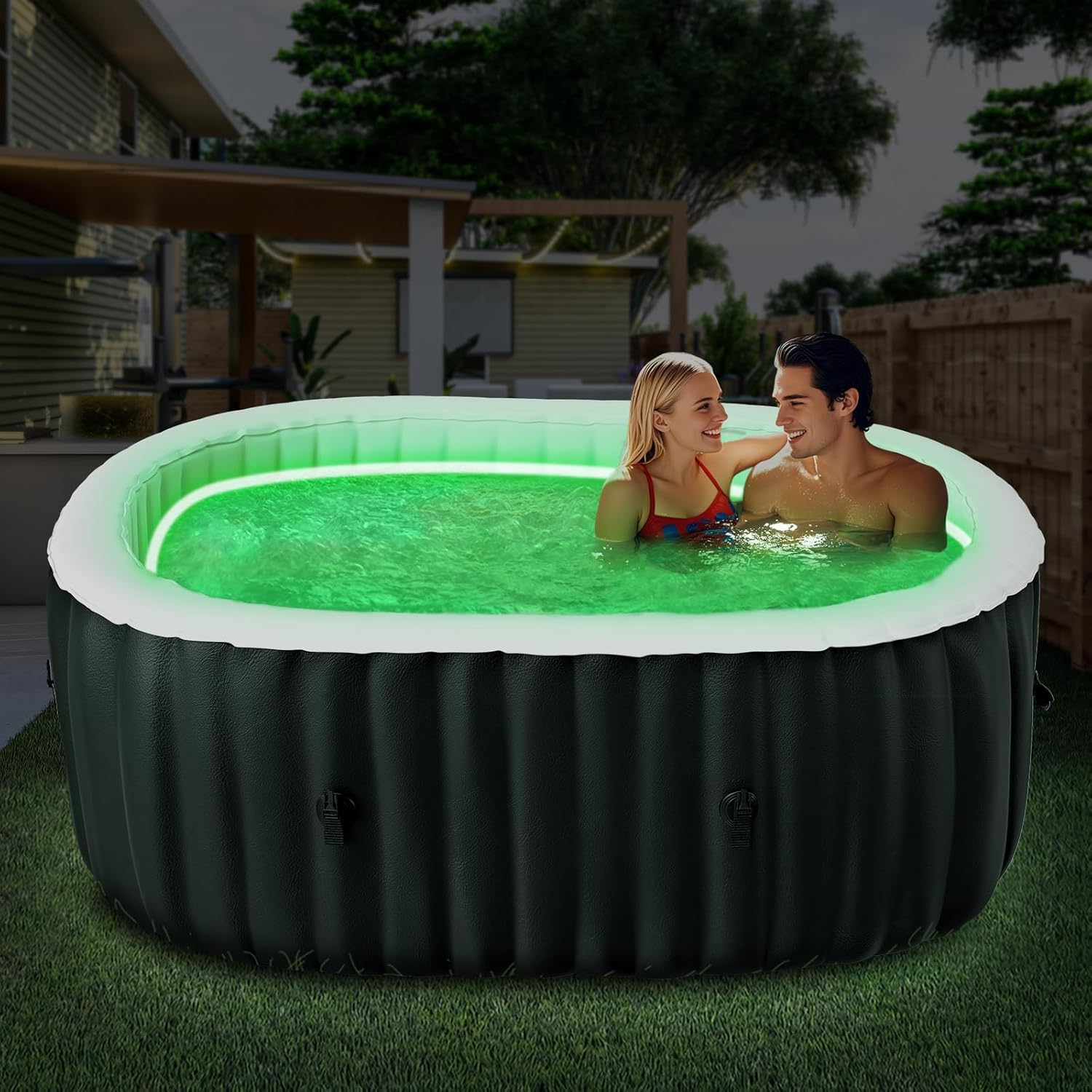 2 Person Inflatable Hot Tub with LED Lights, Oval Blow Up Portable Hot Tub, Leak-Proof PVC Outdoor Spa with 100 Strong Air Jets, Pump and Insulated Cover, Side Table, 75” X 47”X 25”
