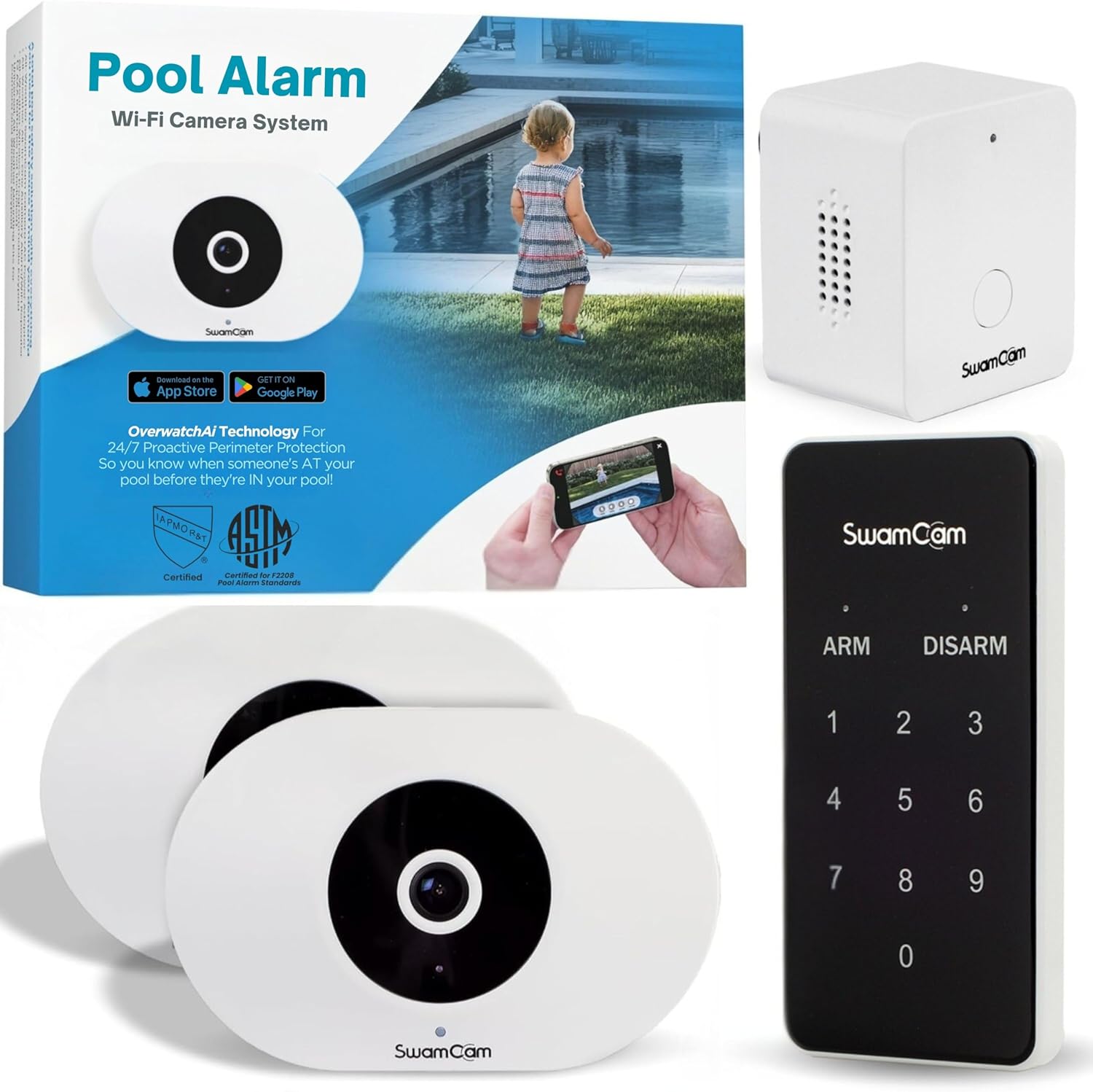 SwamCam Pool Alarm Wi-Fi Camera System – ASTM F2208 Certified – Smart Pool Safety System for Inground & Above Ground Pools – Real-Time Alerts, Live View, Built-in Wi-Fi Repeater – 2025 Model