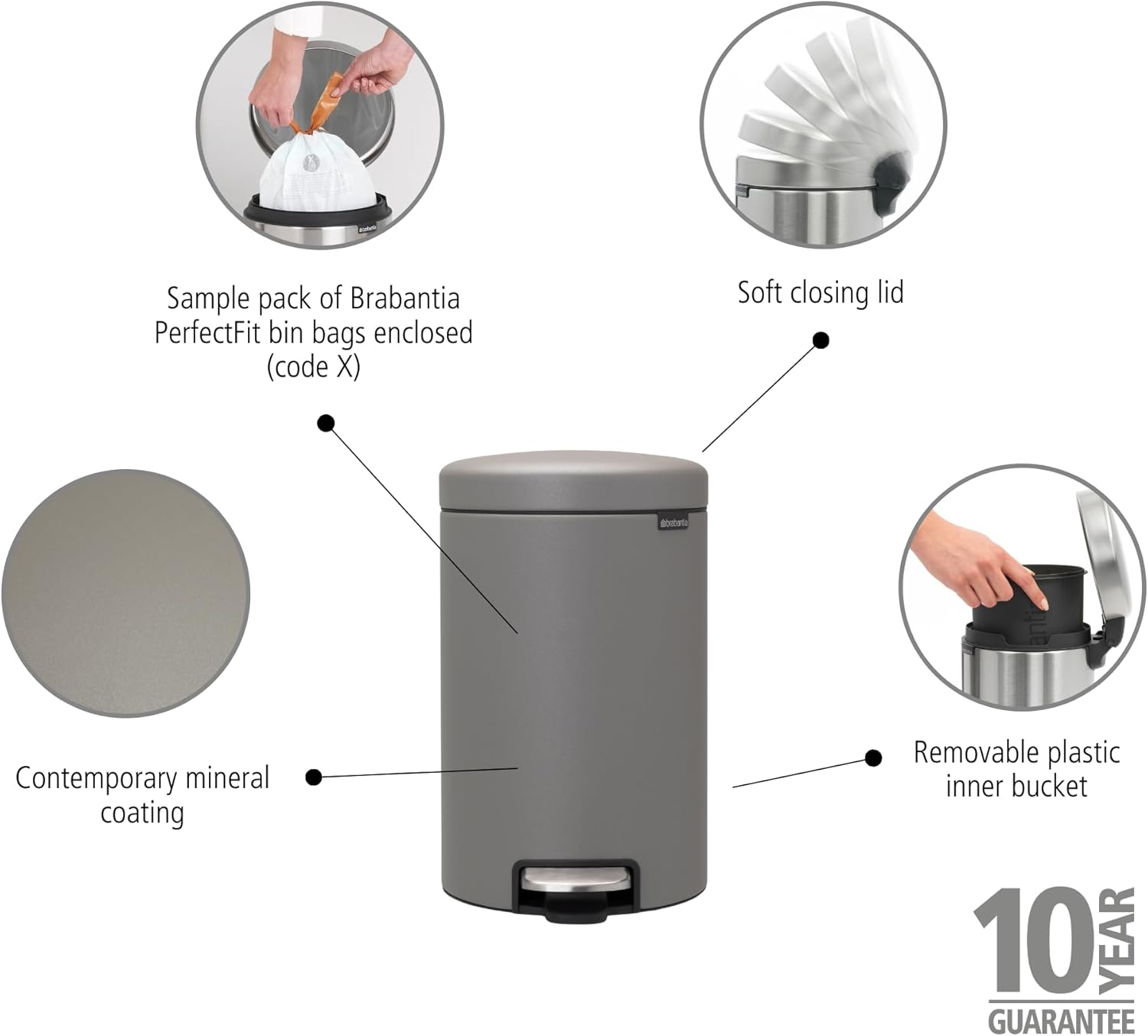 Brabantia NewIcon Step-On Soft Closing Kitchen Garbage/Recycling Can with Removable Bucket, 3.2 Gal, Mineral Concrete Gray