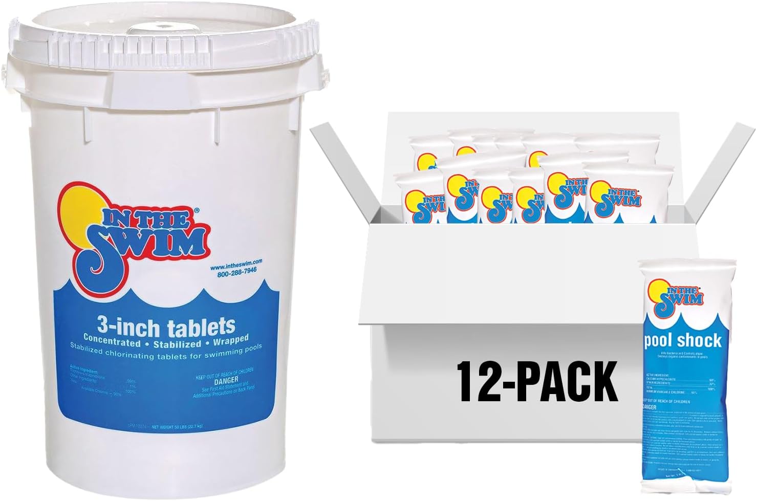 In The Swim Chlorine and Shock Bundle for Sanitizing Swimming Pools – Includes 50 Pound Bucket of 3 Inch Stabilized Chlorine Tablets and 12 x 1 Pound Bags of 68% Cal-Hypo Pool Shock