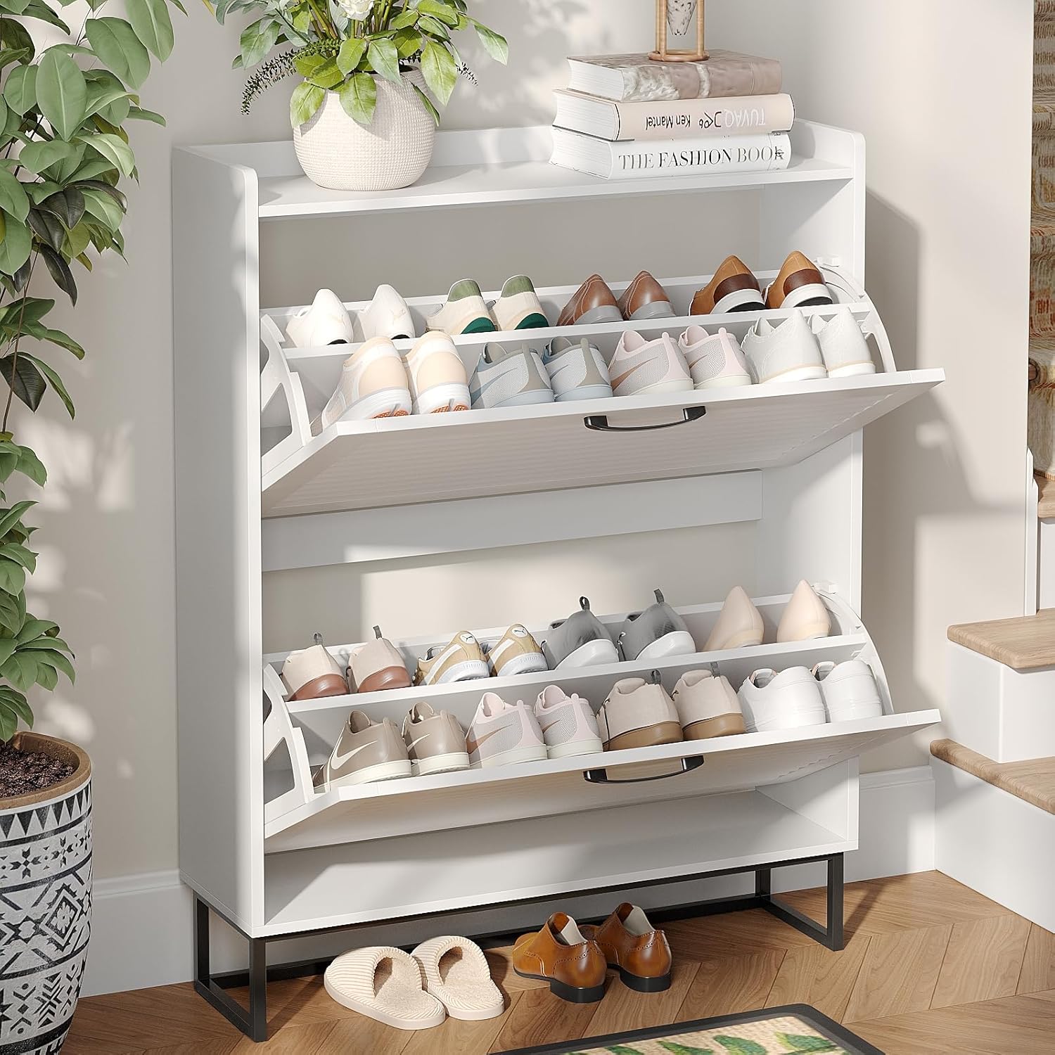 Maupvit Shoe Storage Cabinet with 2 Flip Louvered Doors, Freestanding Organizer with Metal Legs, Shoe Cabinet for Entryway, Narrow Shoe Rack Cabinet, White