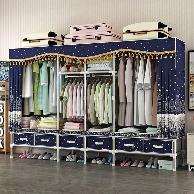 Heavy Duty Portable Wardrobe Closet with Drawers Steel Frame 25MM Steel Pipes Portable Clothes Storage Organizer Multi-Tier Shelves Dustproof Fabric Cover Hanging Rack Storage Organizer (7.88ft, Blue)