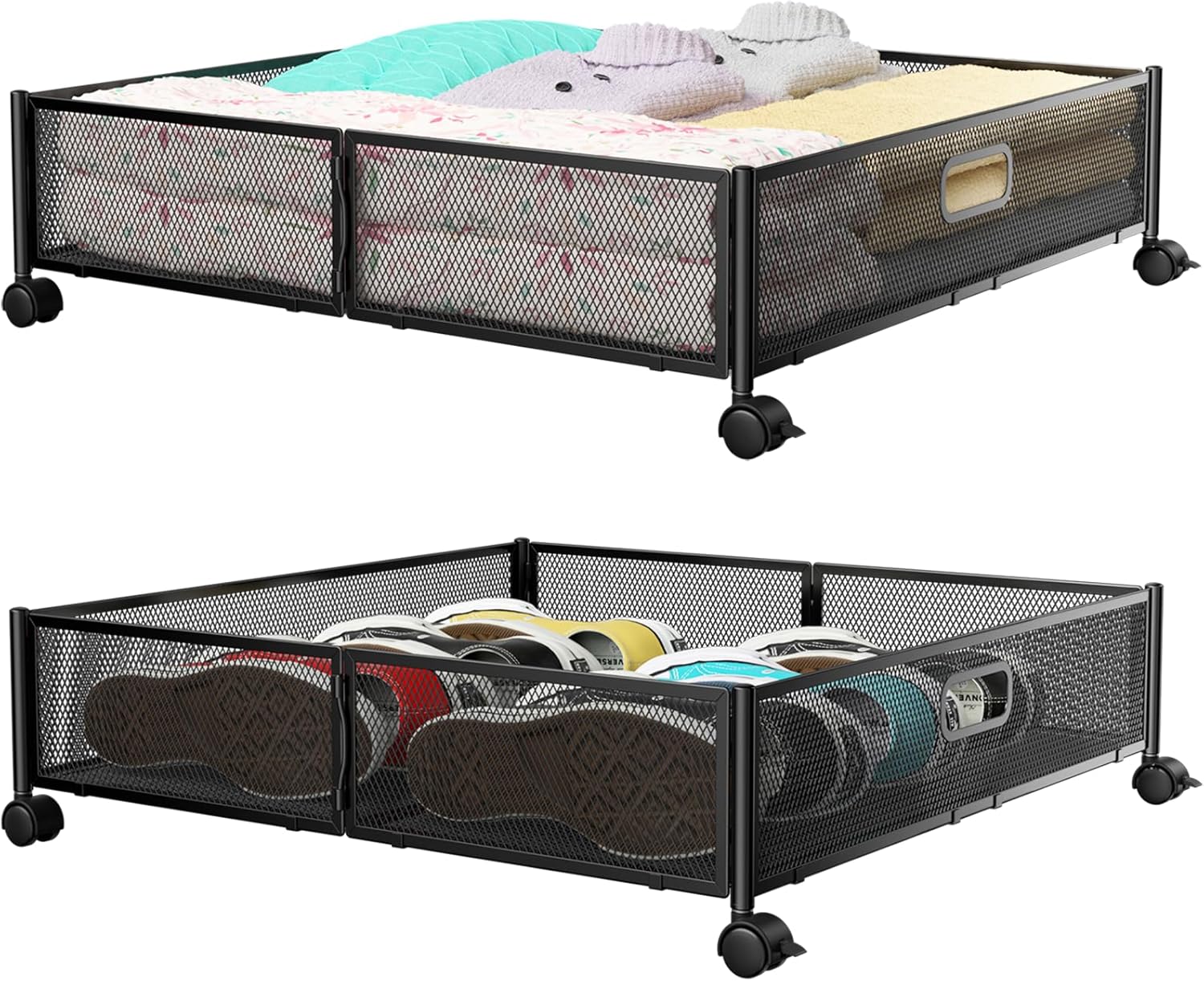 Under Bed Storage, Under the Bed Storage Containers with Wheels, Under Bed Shoe Storage Organizer Drawer, Tool-free Assembly Metal Underbed Storage Containers for Bedroom Clothes Shoes Blankets -4PCK