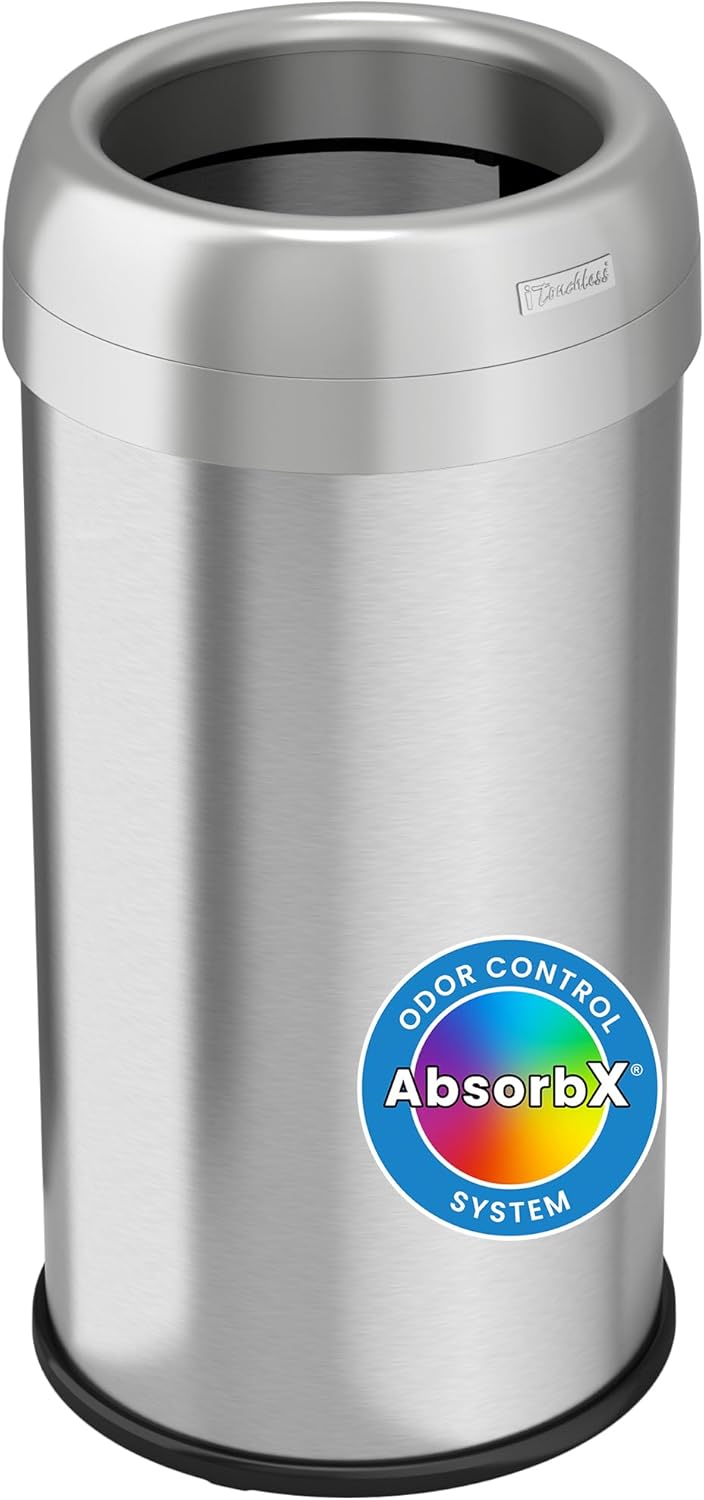 iTouchless Dual-Deodorizer Trash Can and Recycle Bin, Stainless Steel Commercial Grade Large 10 Inch, Home, Restaurant, Restroom, Office, 16 Gallon / 61 Liter, Open Top, Round