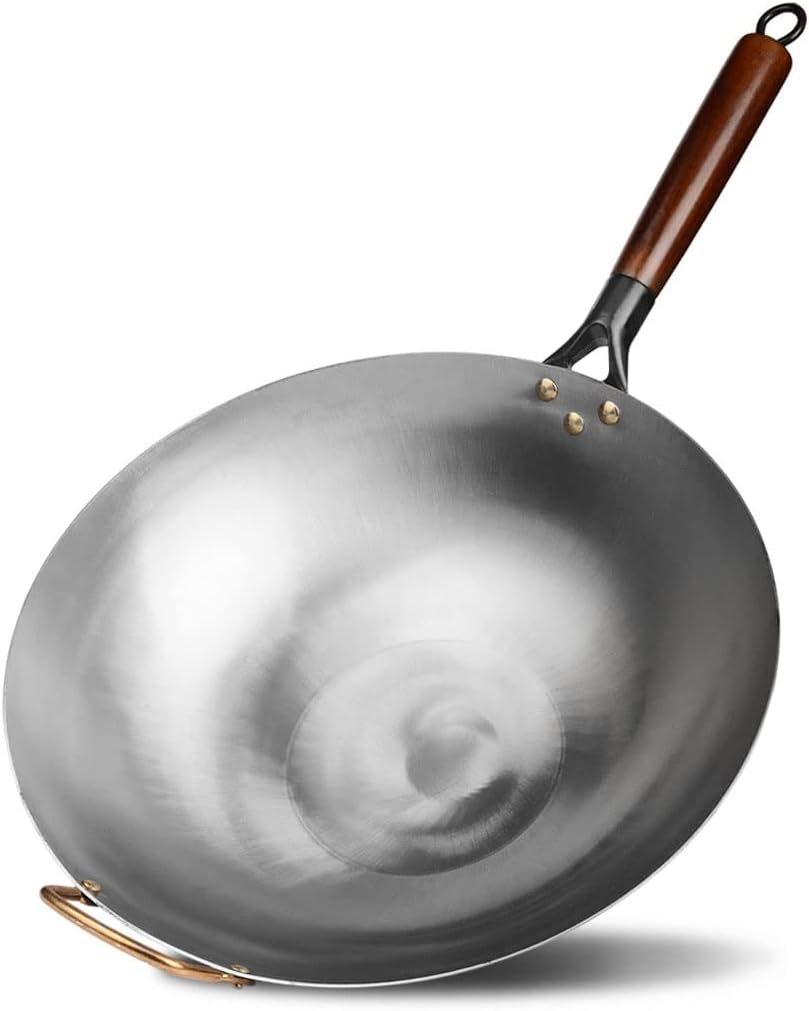 32cm Traditional Uncoated Iron Wok, Wrought Pan，Non-stick Pan With Beech Wood Handle, Fast Heat Conduction, For Gas Stove