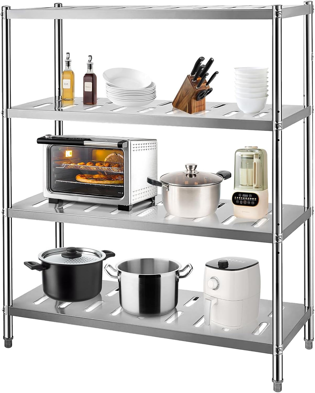 1 Stainless Steel Shelves, Storage Shelf 4-Tier Heavy Duty Storage Rack Shelving Capacity Shelf Unit with Wheels Side Baffles for Kitchen Garage Office Restaurant Warehouse