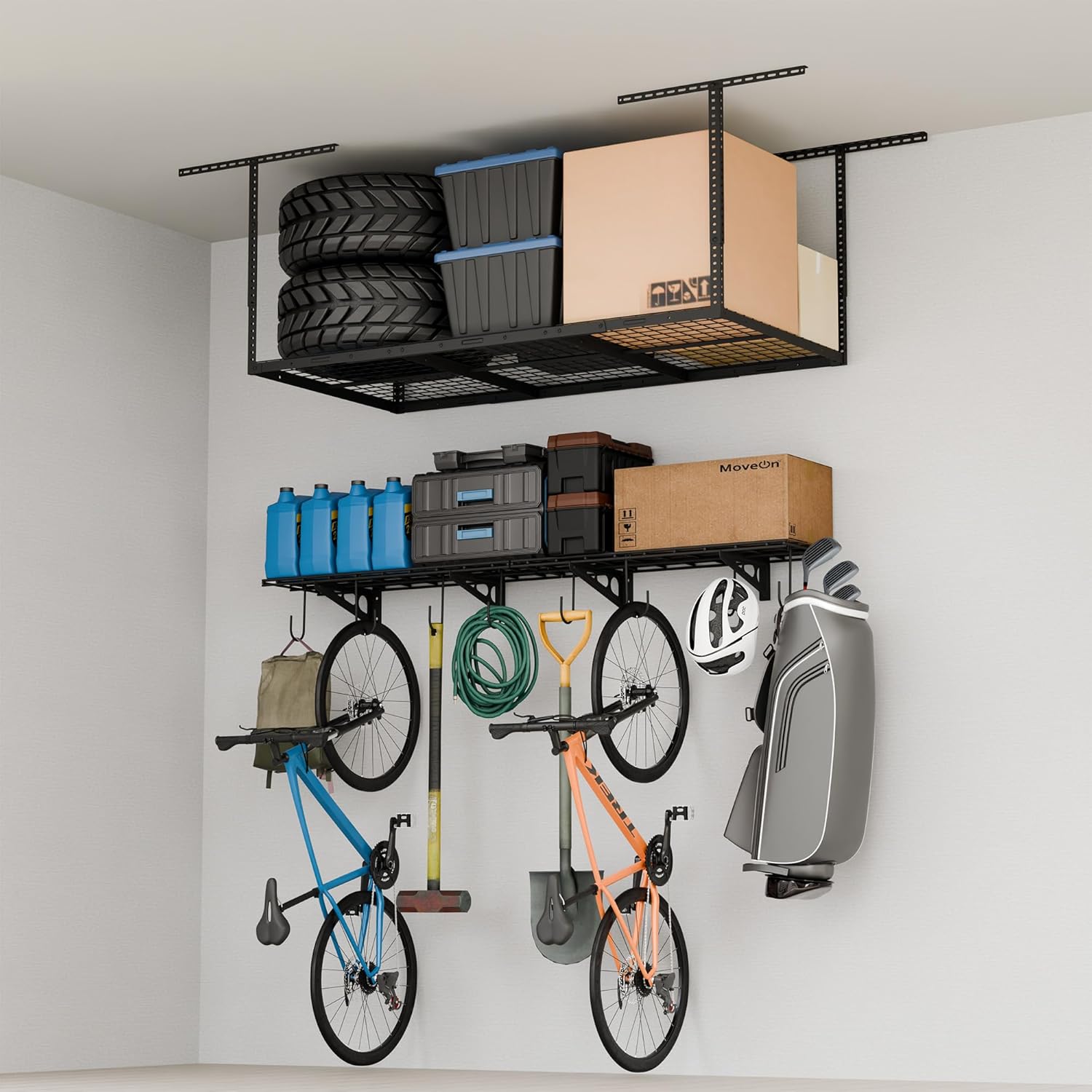 FLEXIMOUNTS Garage Storage Bundle – 2-Pack 1x3ft Wall Shelves with 8 Bike Hooks (300 lbs Capacity) & 3x6 Adjustable Overhead Ceiling Rack (72