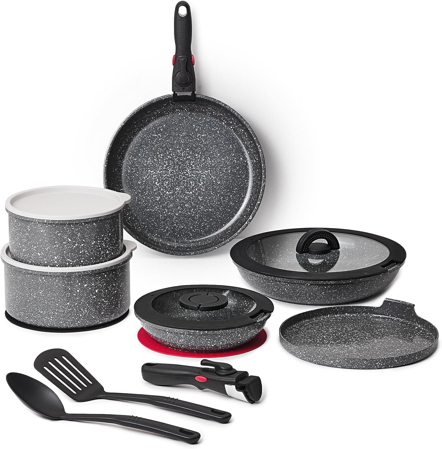 23 Pcs Nonstick Pots and Pans Set with 4 Detachable Handle, Ceramic Cookware Set Non Toxic, Induction Dishwasher Oven Safe Cookware Set, RV Kicthen Set Removable Handle, White Granite